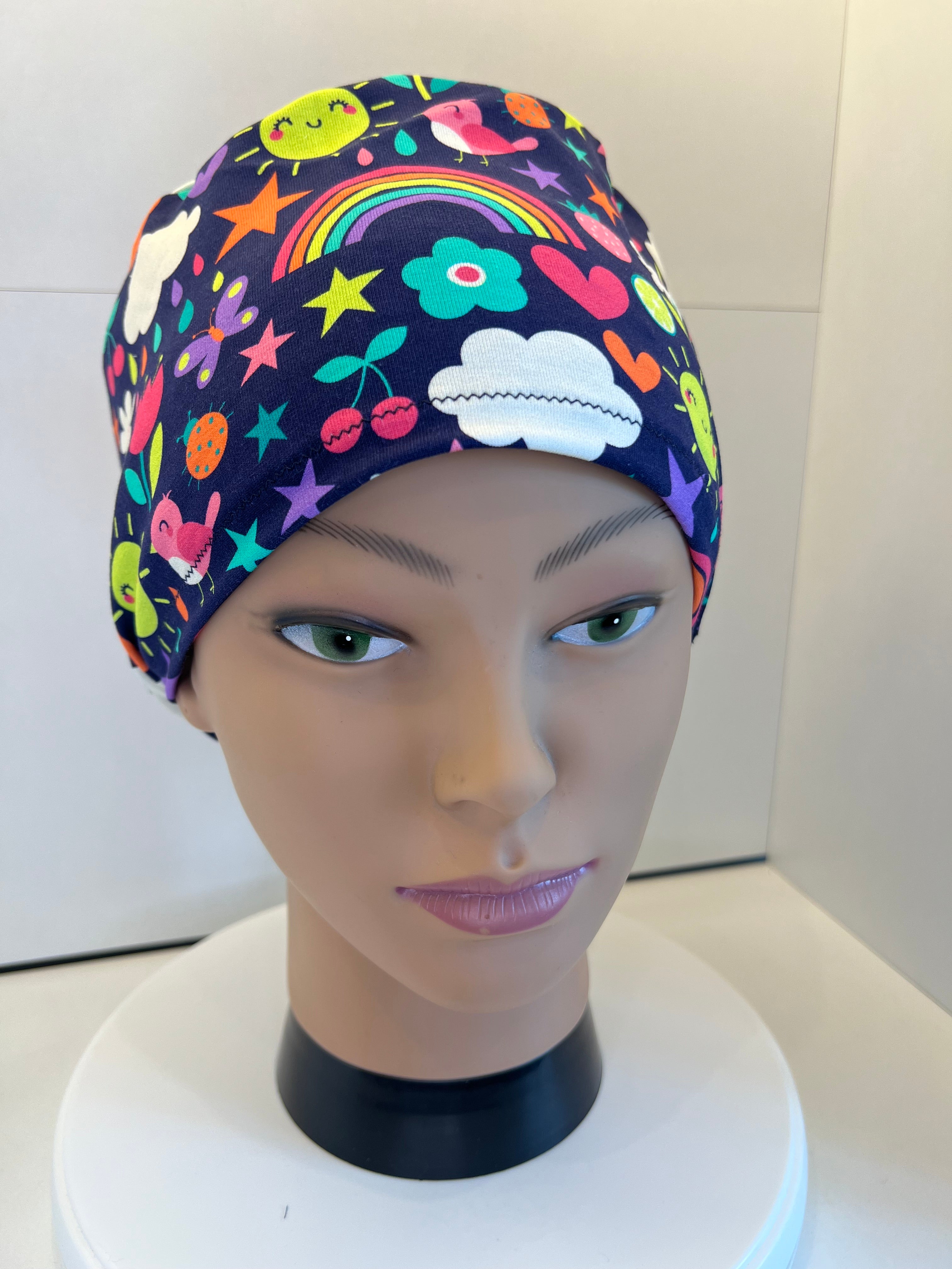 Navy Sunny Skies Soft Jersey Fabric theatre scrub cap / hat.  Ethically made. Standard and Large size