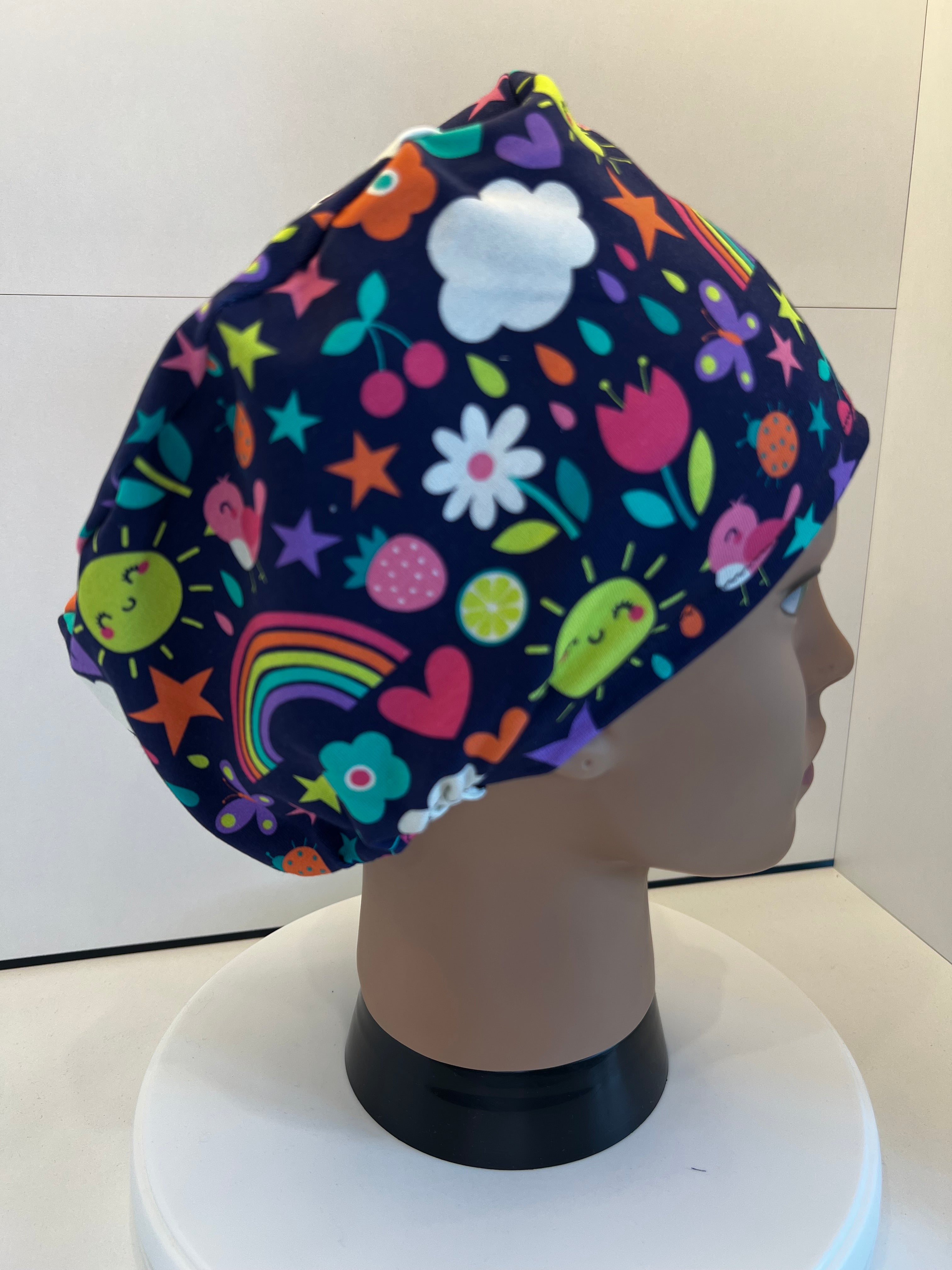 Navy Sunny Skies Soft Jersey Fabric theatre scrub cap / hat.  Ethically made. Standard and Large size