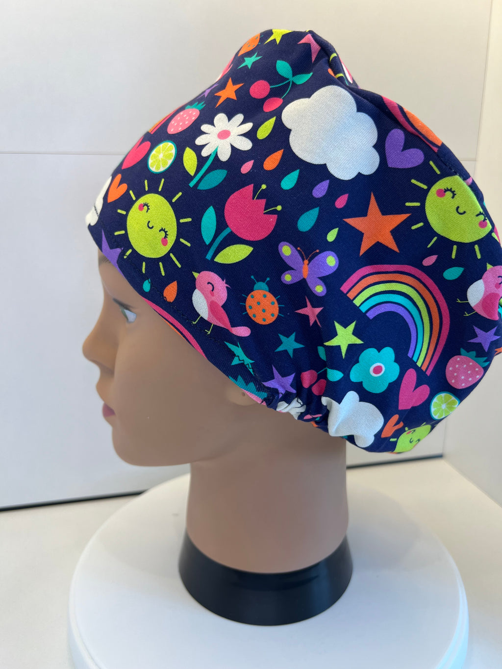 Navy Sunny Skies Soft Jersey Fabric theatre scrub cap / hat.  Ethically made. Standard and Large size