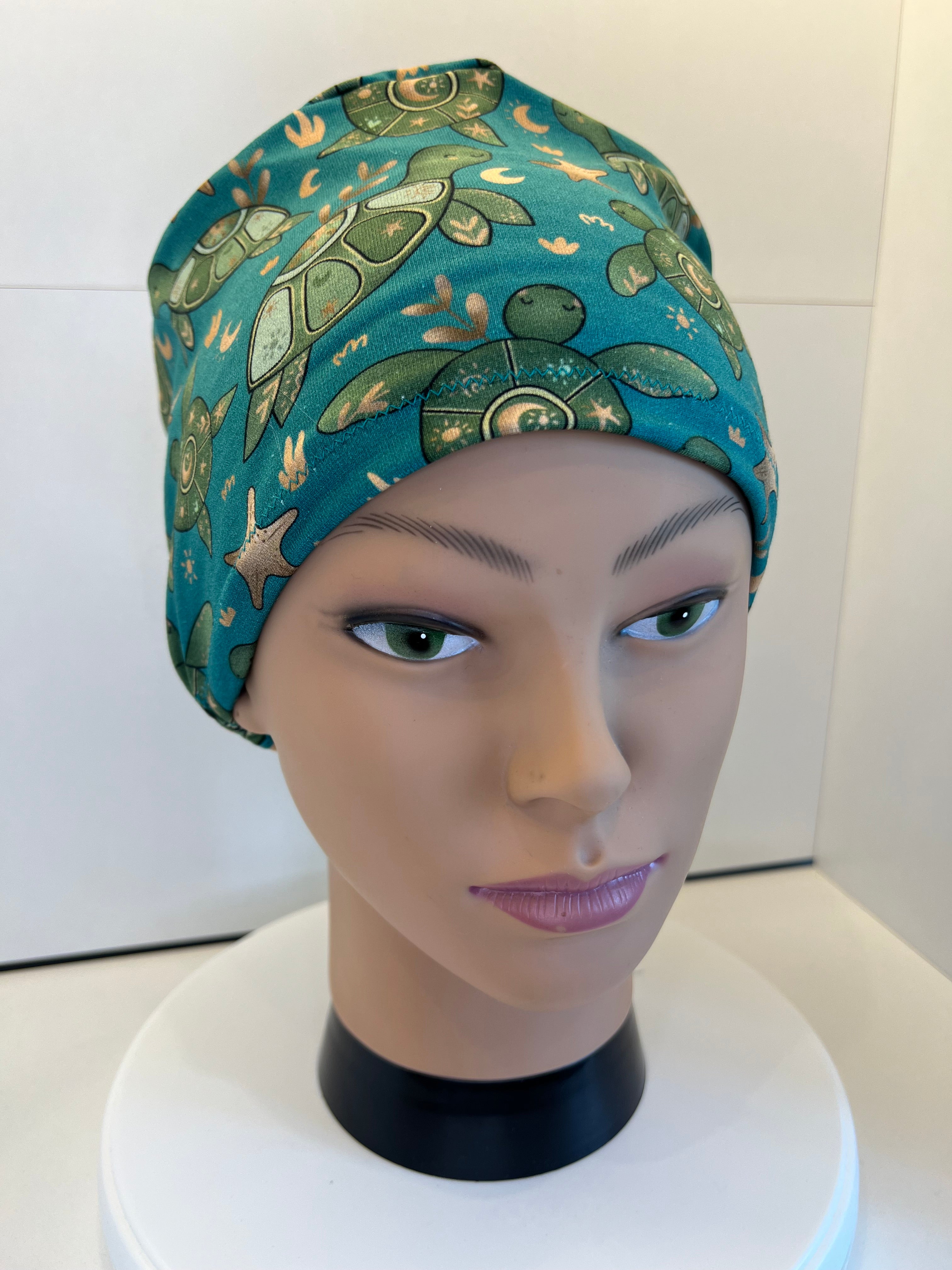 Teal Turtles Soft Jersey Fabric theatre scrub cap / hat.  Ethically made. Standard and Large size
