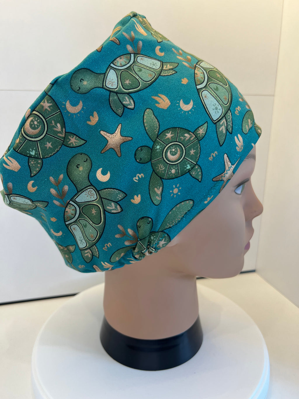 Teal Turtles Soft Jersey Fabric theatre scrub cap / hat.  Ethically made. Standard and Large size