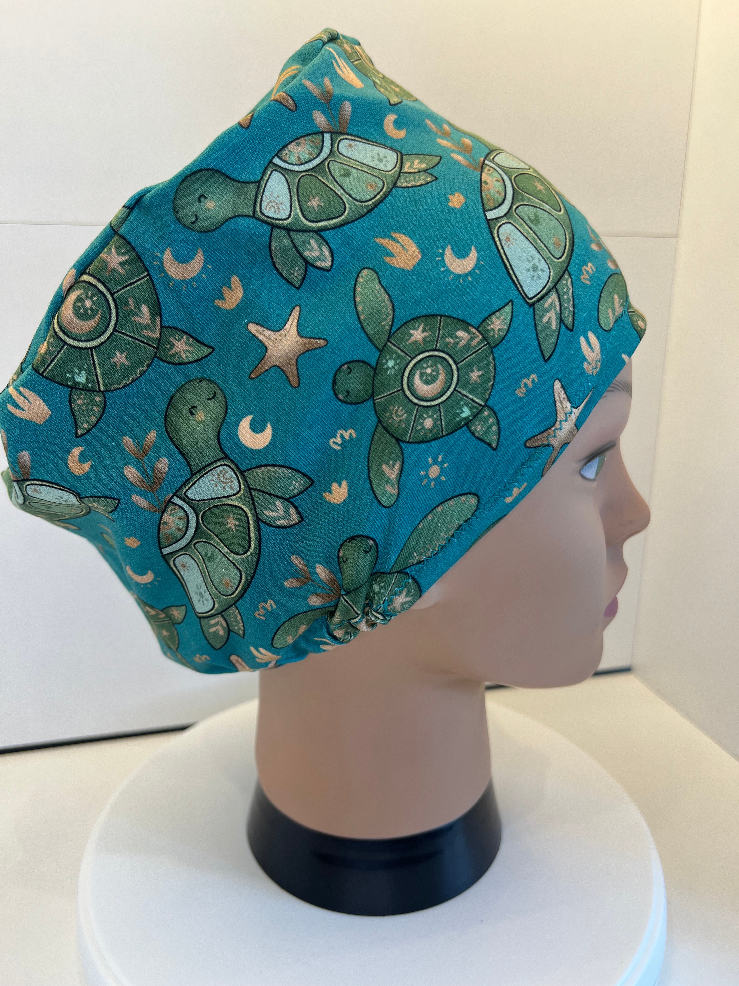 Teal Turtles Soft Jersey Fabric theatre scrub cap / hat.  Ethically made. Standard and Large size