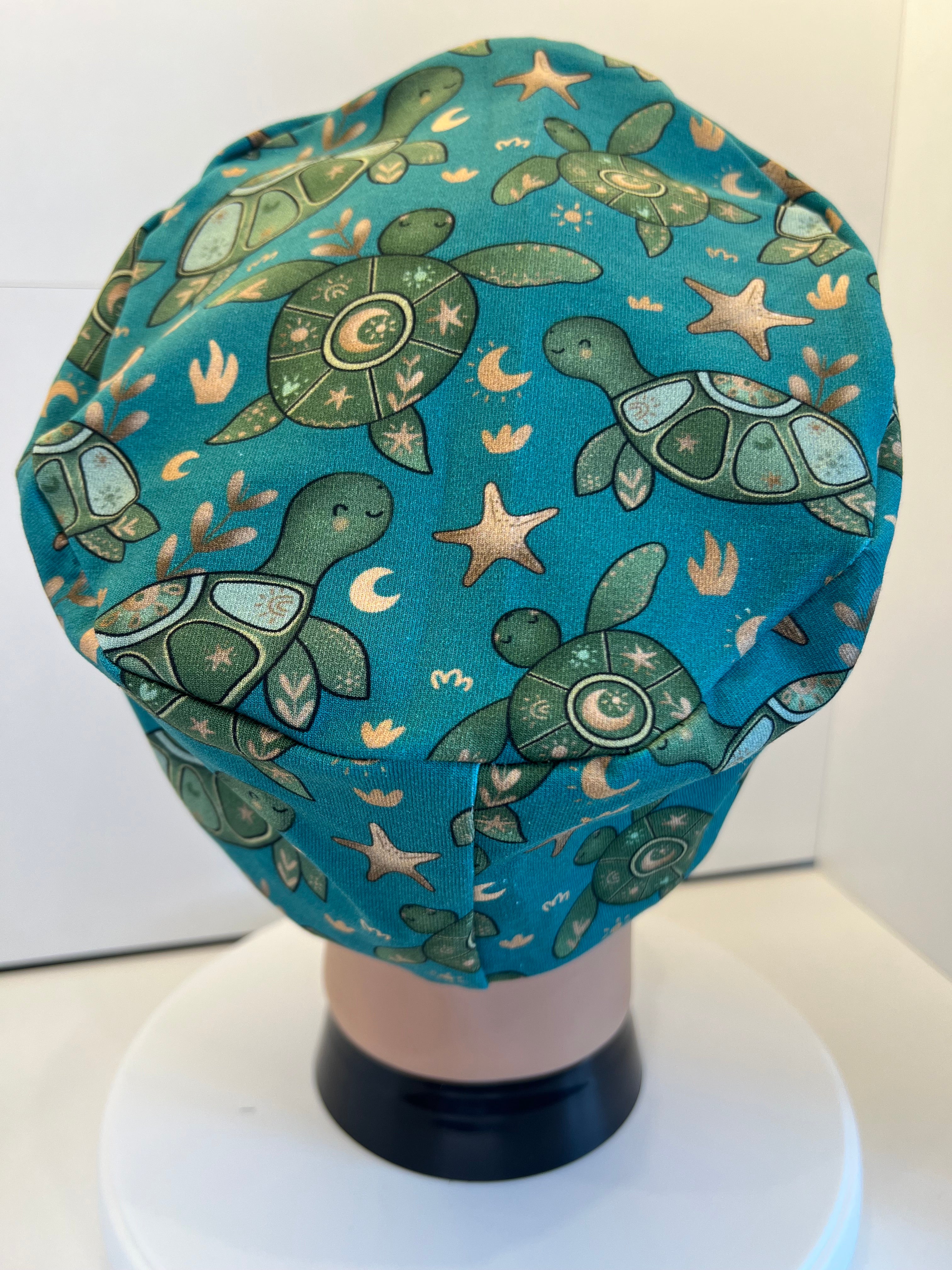 Teal Turtles Soft Jersey Fabric theatre scrub cap / hat.  Ethically made. Standard and Large size