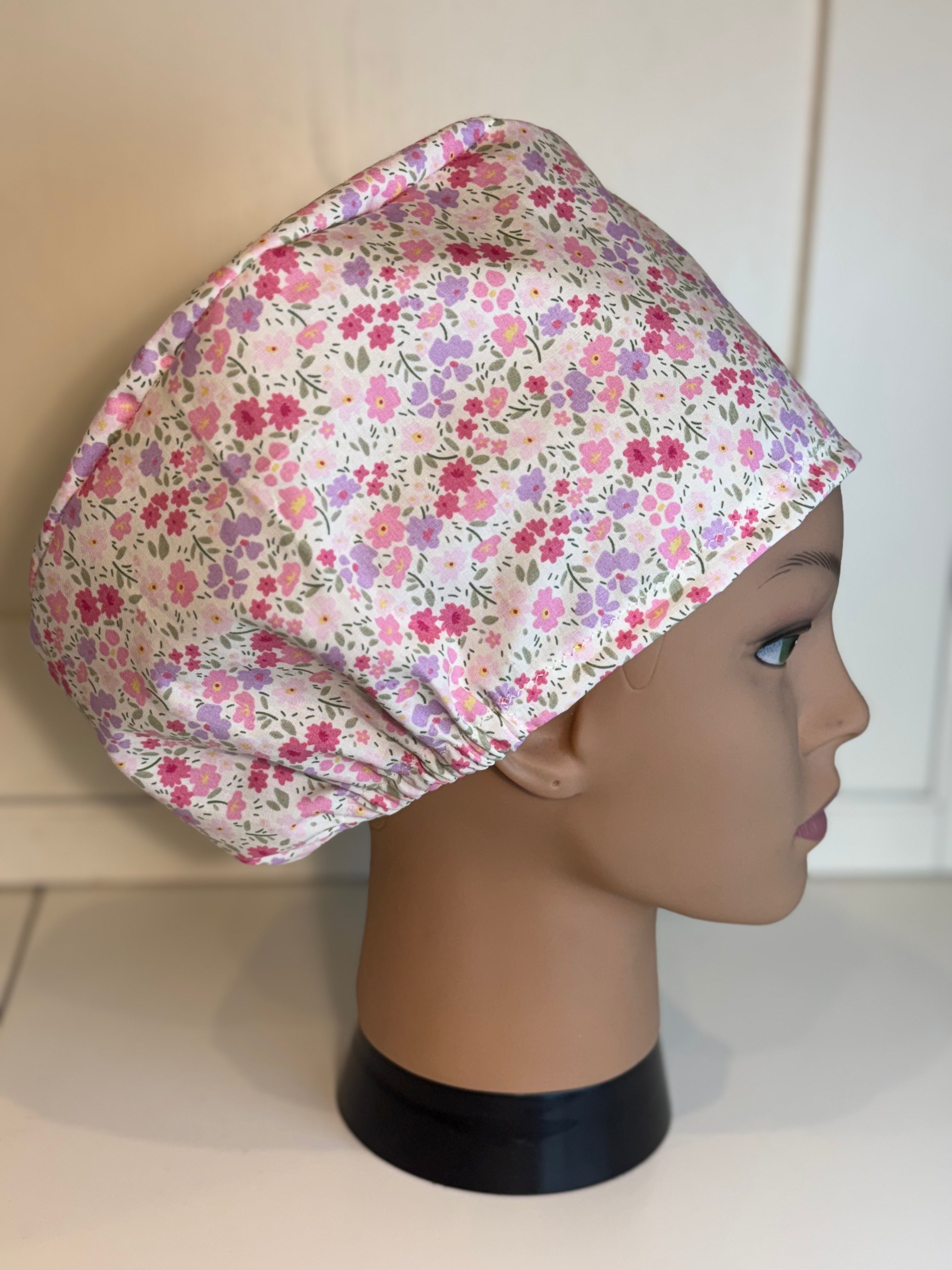 Summer flowers pink & purple theatre scrub hat/cap - 100% cotton, Optional Satin lining