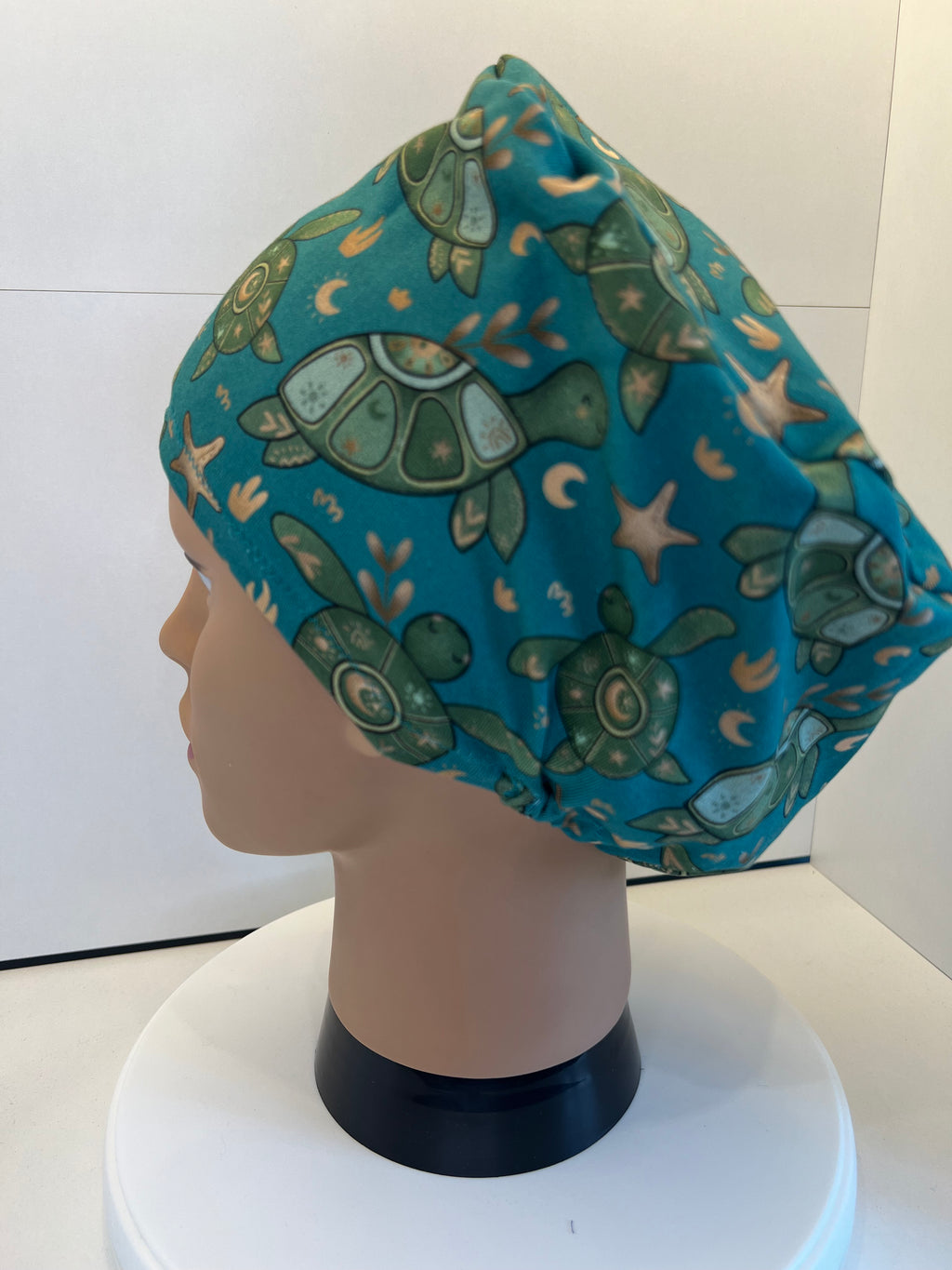 Teal Turtles Soft Jersey Fabric theatre scrub cap / hat.  Ethically made. Standard and Large size