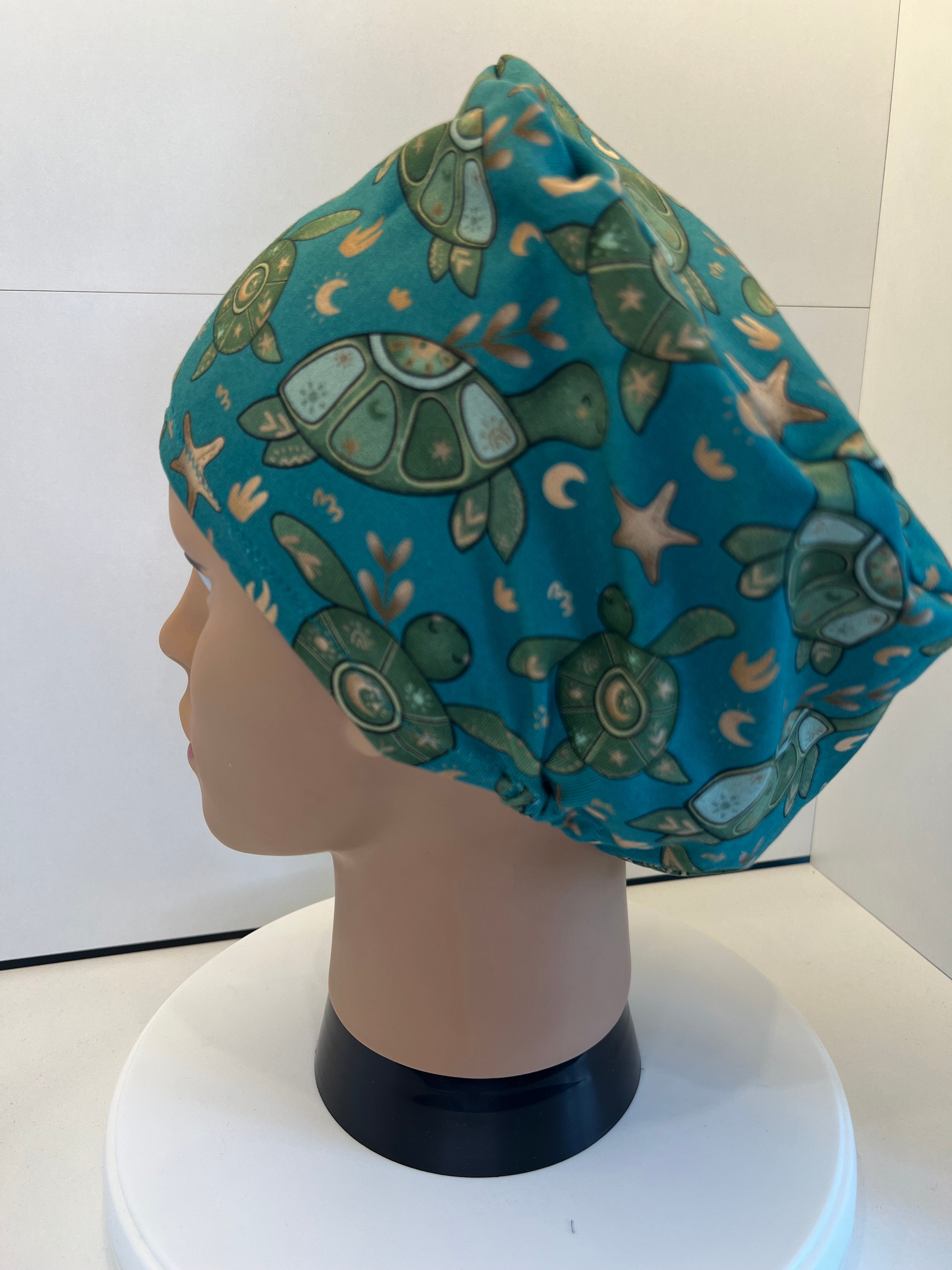 Teal Turtles Soft Jersey Fabric theatre scrub cap / hat.  Ethically made. Standard and Large size