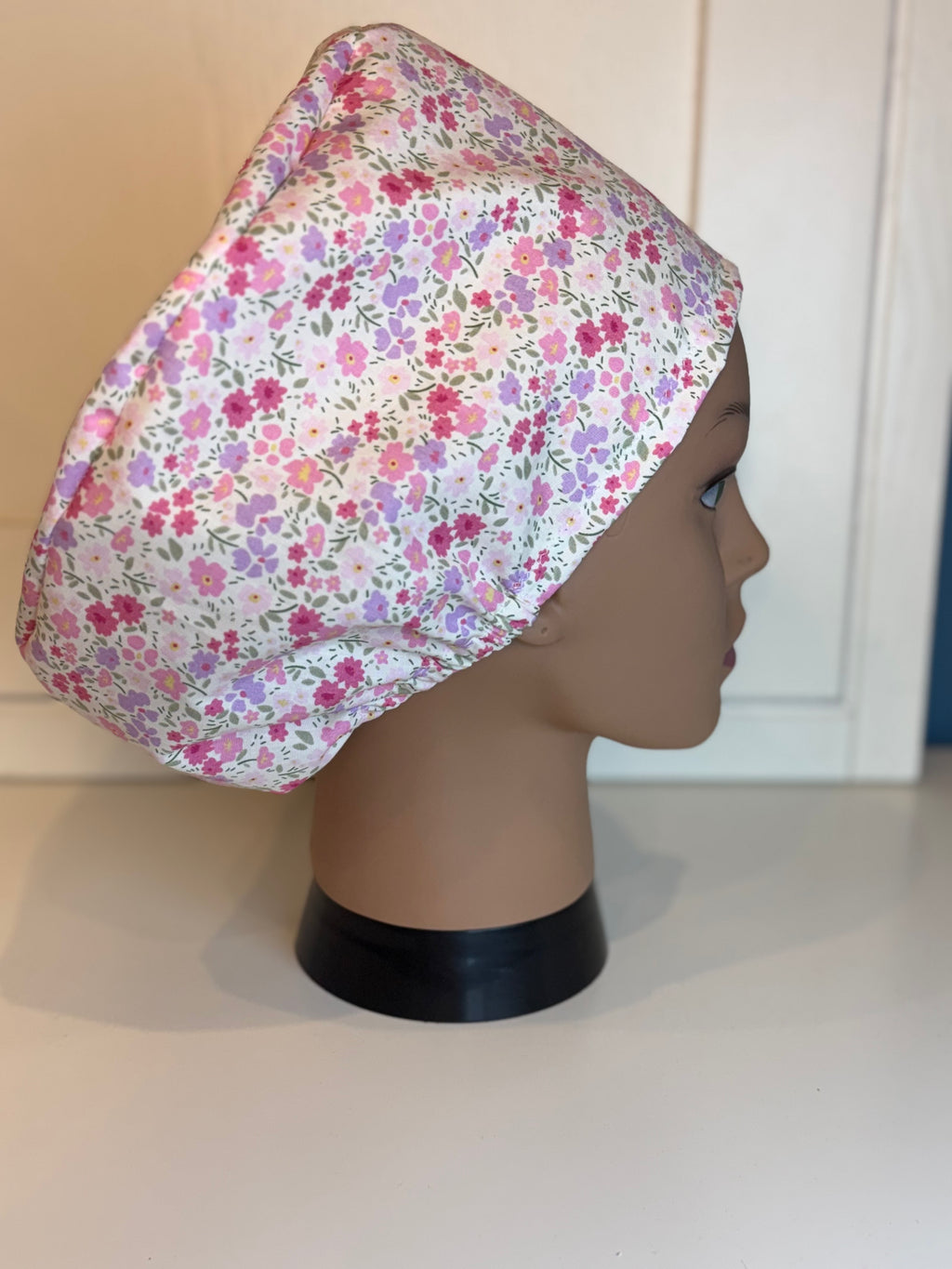 Summer flowers pink & purple theatre scrub hat/cap - 100% cotton, Optional Satin lining