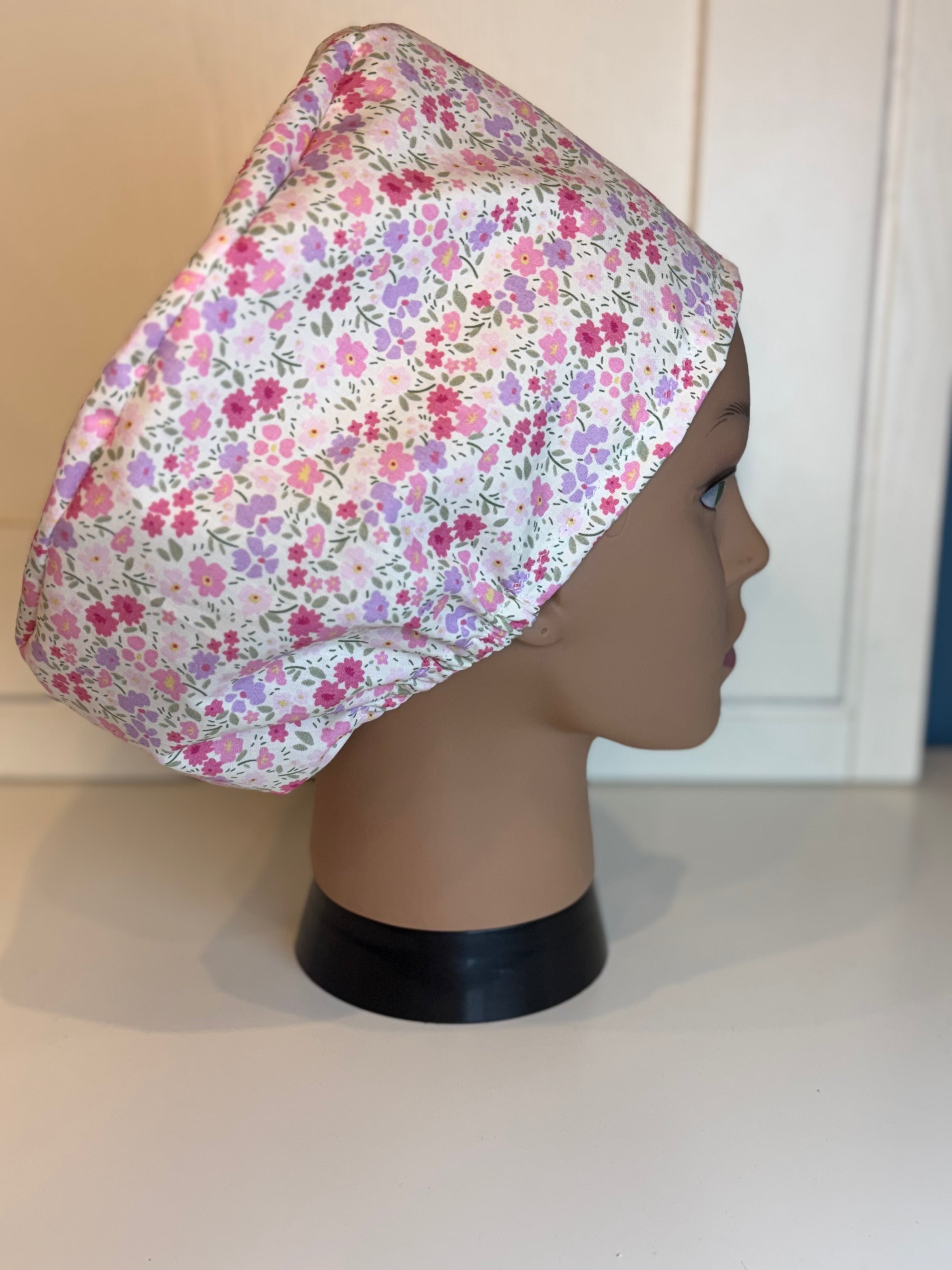 Summer flowers pink & purple theatre scrub hat/cap - 100% cotton, Optional Satin lining