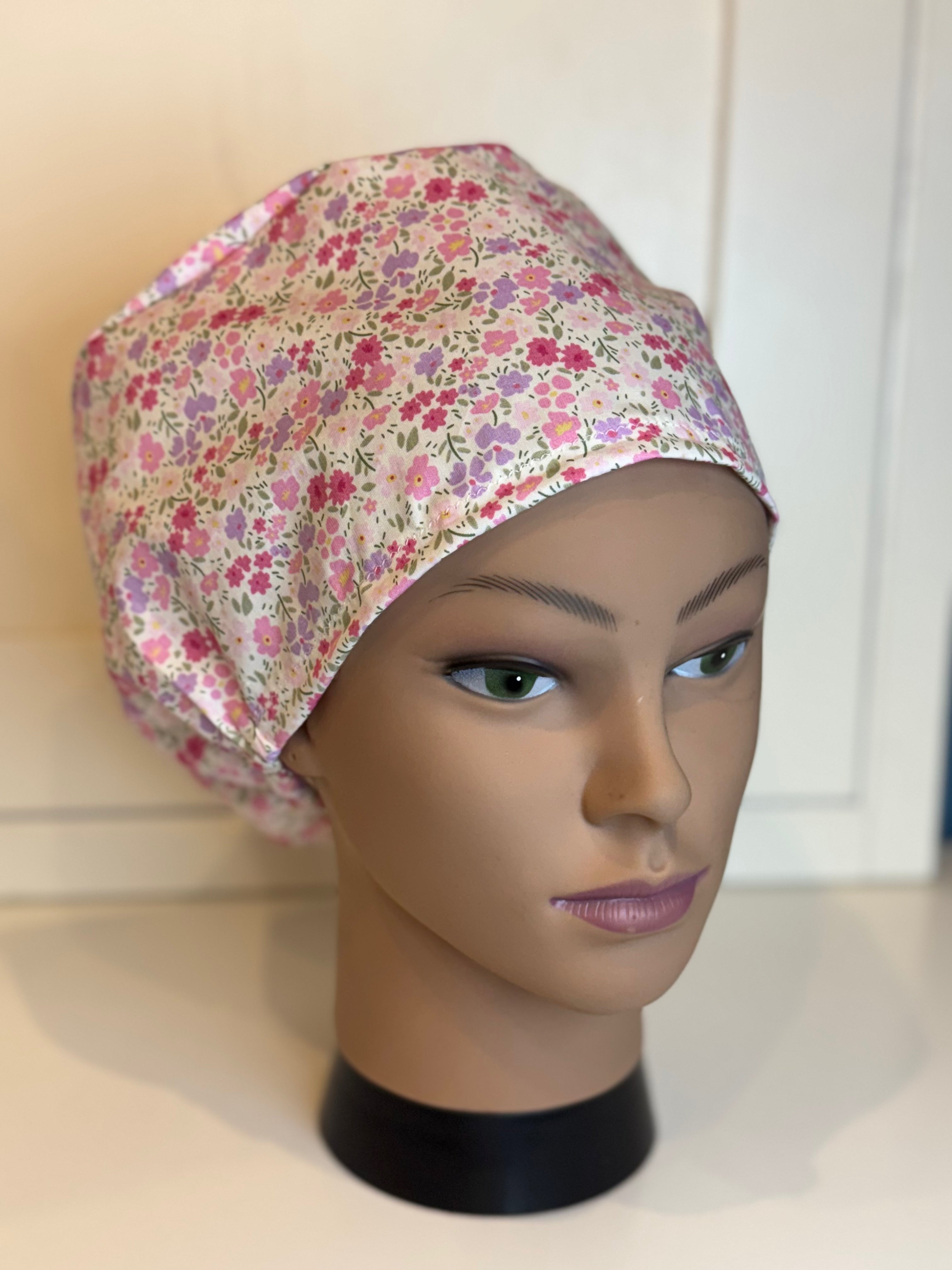 Summer flowers pink & purple theatre scrub hat/cap - 100% cotton, Optional Satin lining