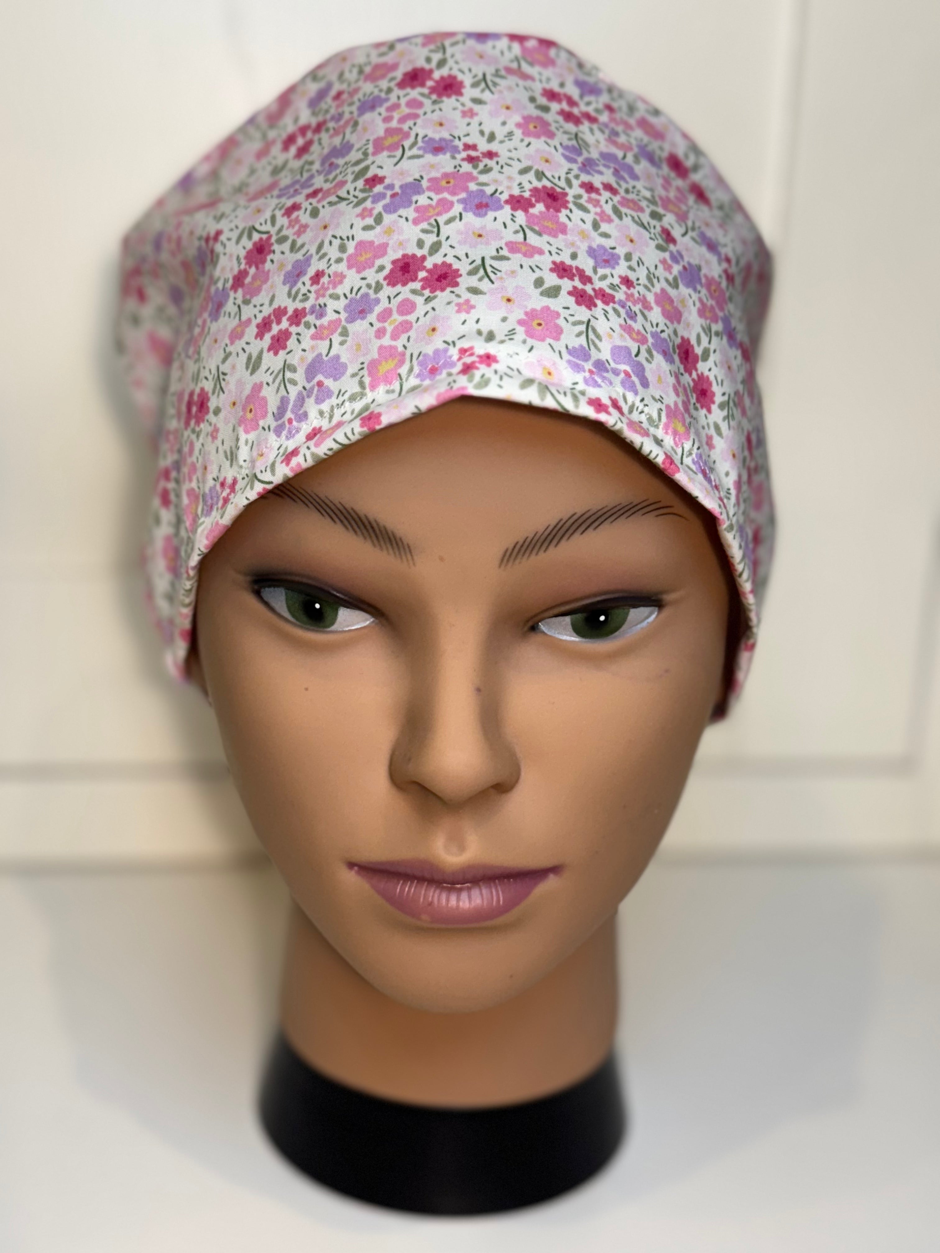 Summer flowers pink & purple theatre scrub hat/cap - 100% cotton, Optional Satin lining