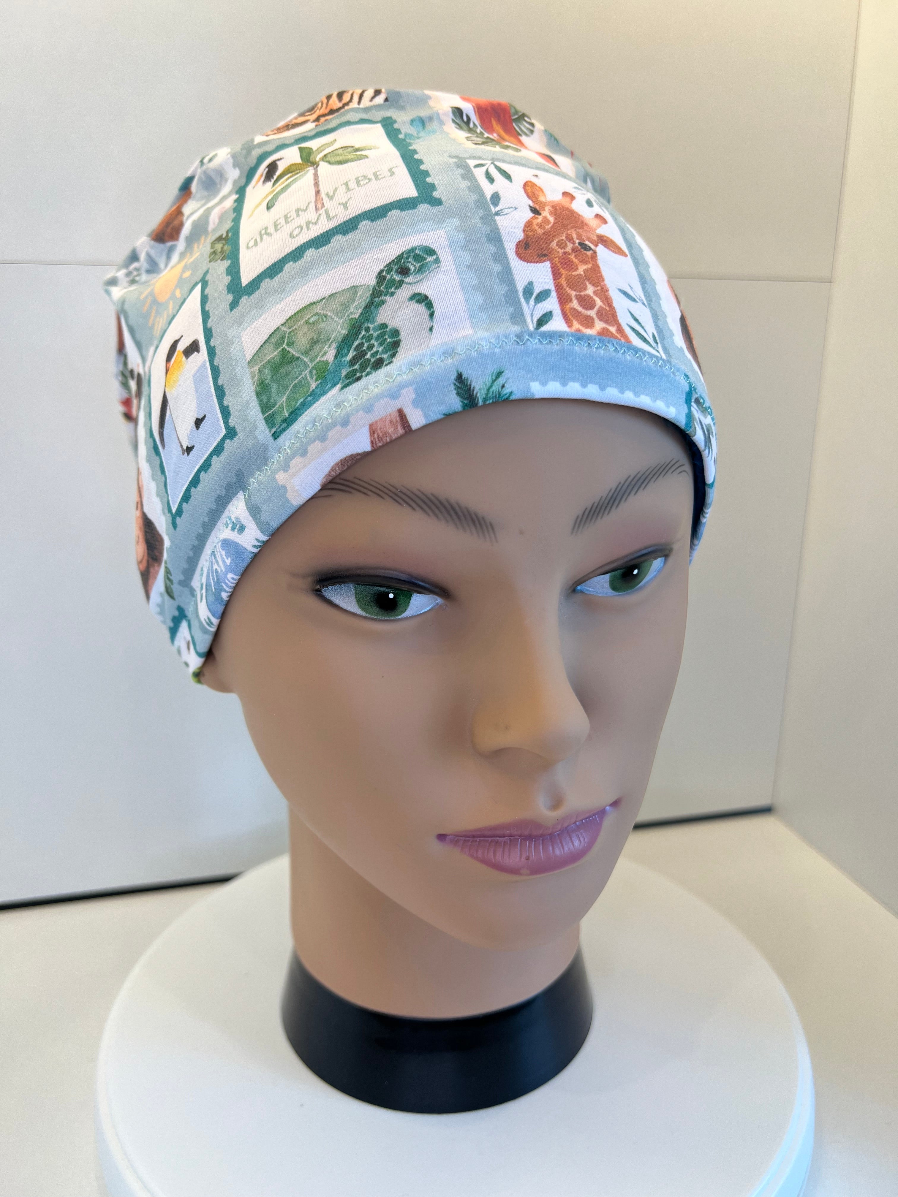 Attenbear Wildlife Stamps Premium Cotton Jersey Super Soft Surgical/Theatre Scrub Hat/Cap. UK Handmade