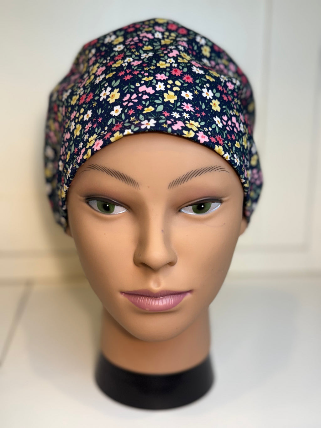 Navy flower garden theatre scrub hat/cap - 100% cotton, Optional Satin lining