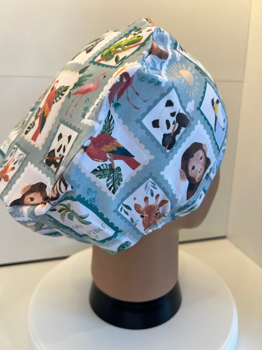 Attenbear Wildlife Stamps Premium Cotton Jersey Super Soft Surgical/Theatre Scrub Hat/Cap. UK Handmade