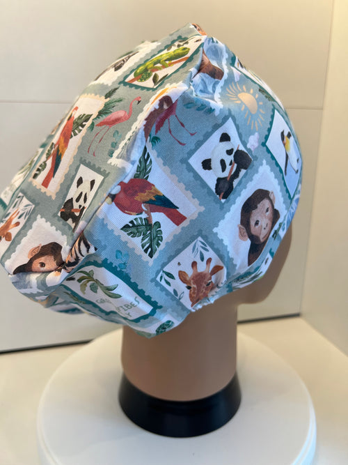 Attenbear Wildlife Stamps Premium Cotton Jersey Super Soft Surgical/Theatre Scrub Hat/Cap. UK Handmade