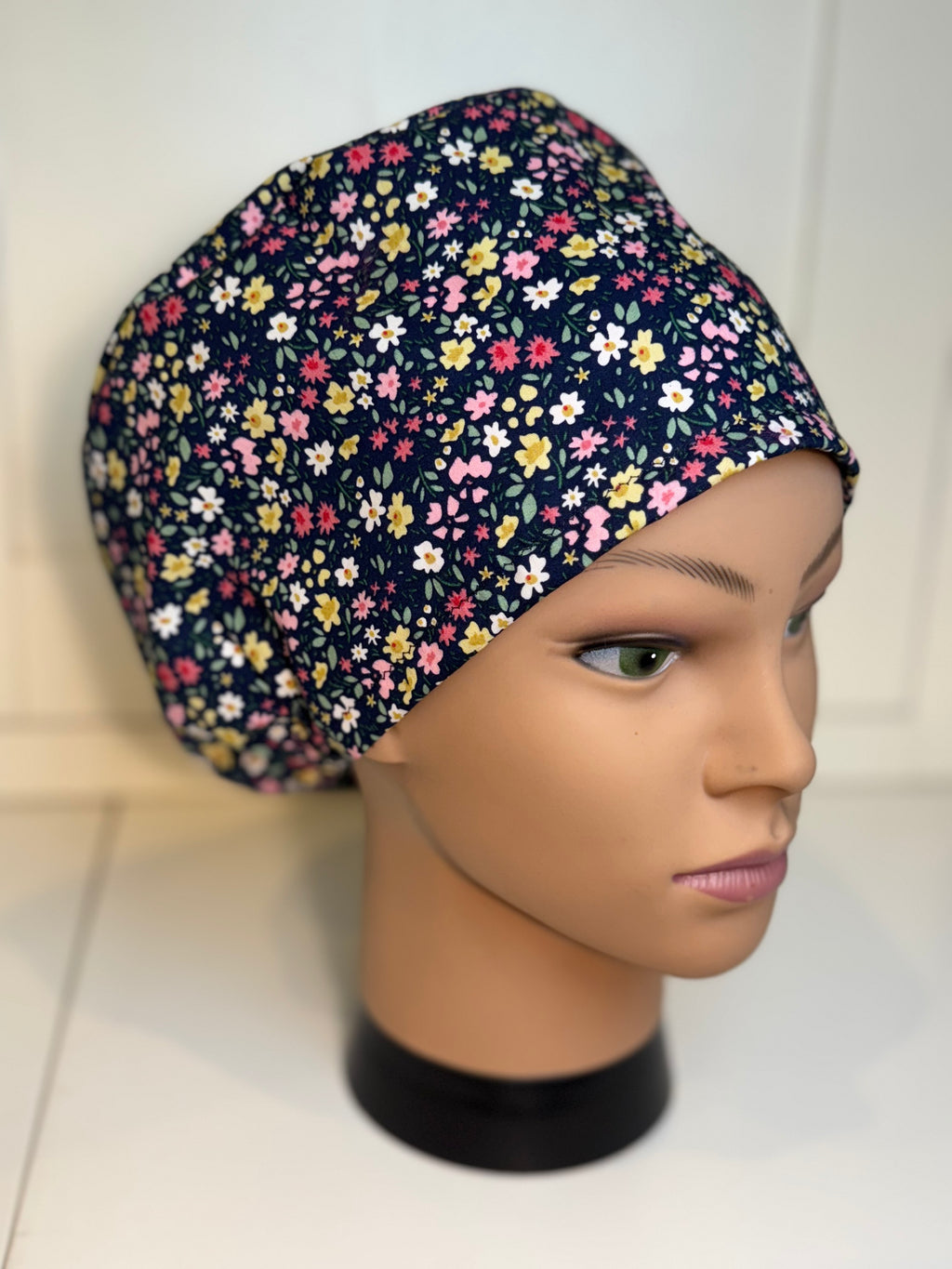 Navy flower garden theatre scrub hat/cap - 100% cotton, Optional Satin lining