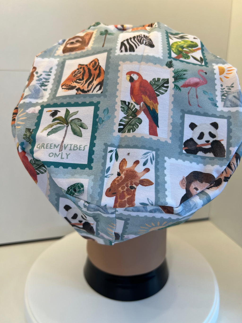 Attenbear Wildlife Stamps Premium Cotton Jersey Super Soft Surgical/Theatre Scrub Hat/Cap. UK Handmade