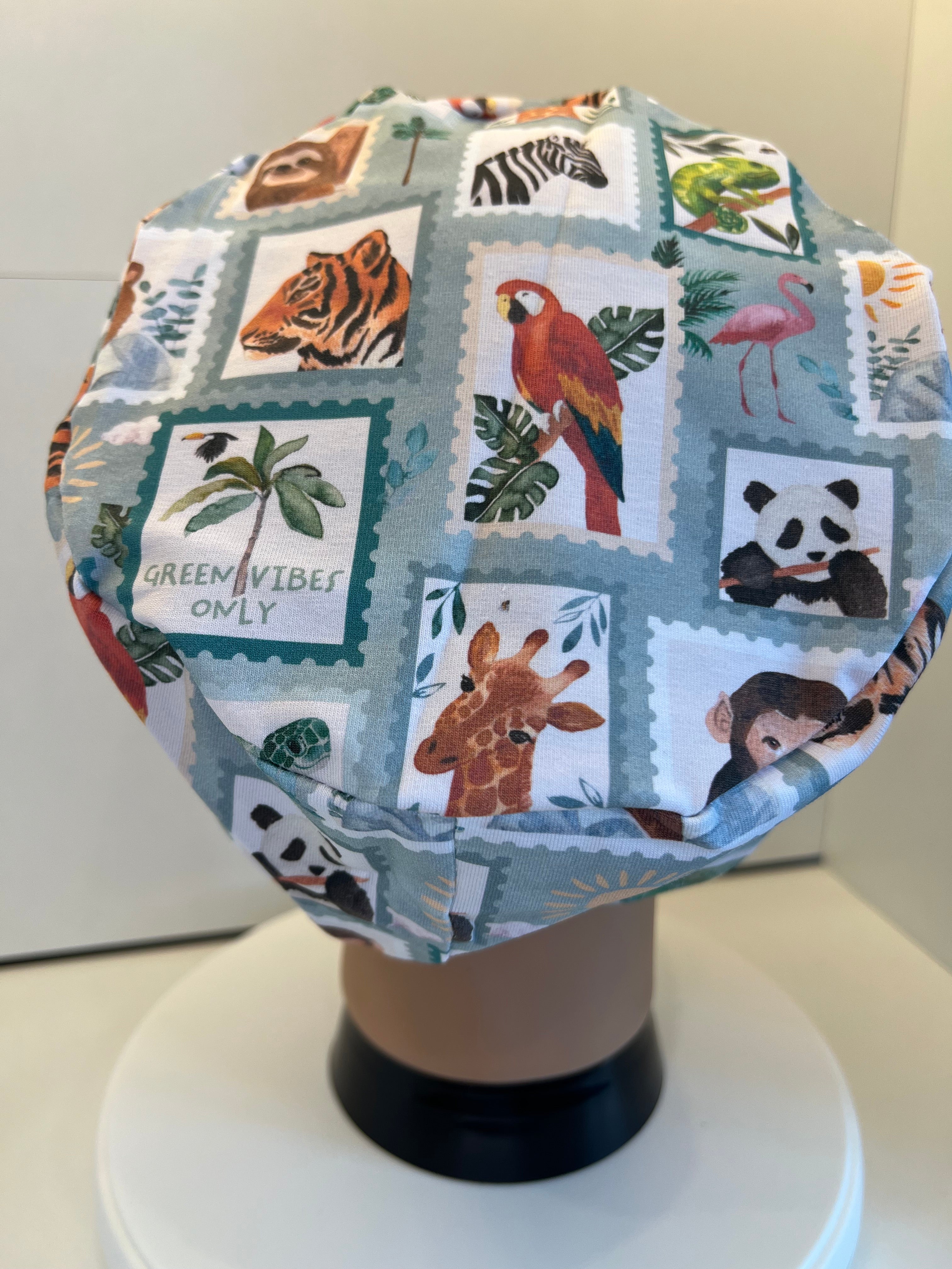 Attenbear Wildlife Stamps Premium Cotton Jersey Super Soft Surgical/Theatre Scrub Hat/Cap. UK Handmade