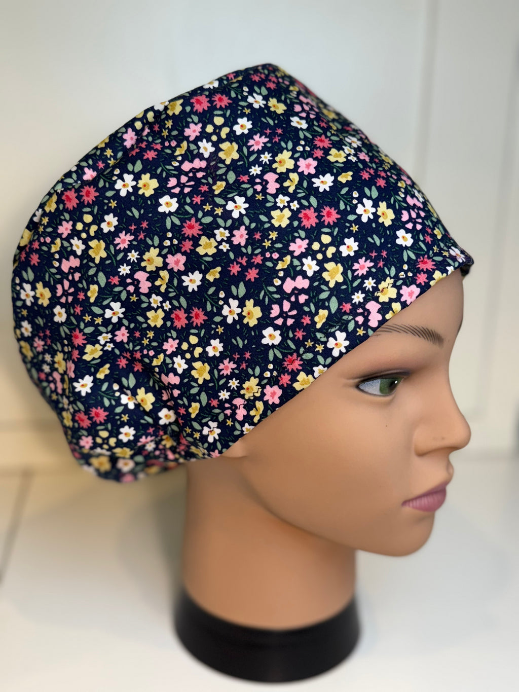 Navy flower garden theatre scrub hat/cap - 100% cotton, Optional Satin lining