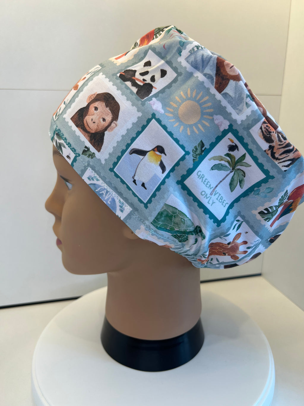 Attenbear Wildlife Stamps Premium Cotton Jersey Super Soft Surgical/Theatre Scrub Hat/Cap. UK Handmade