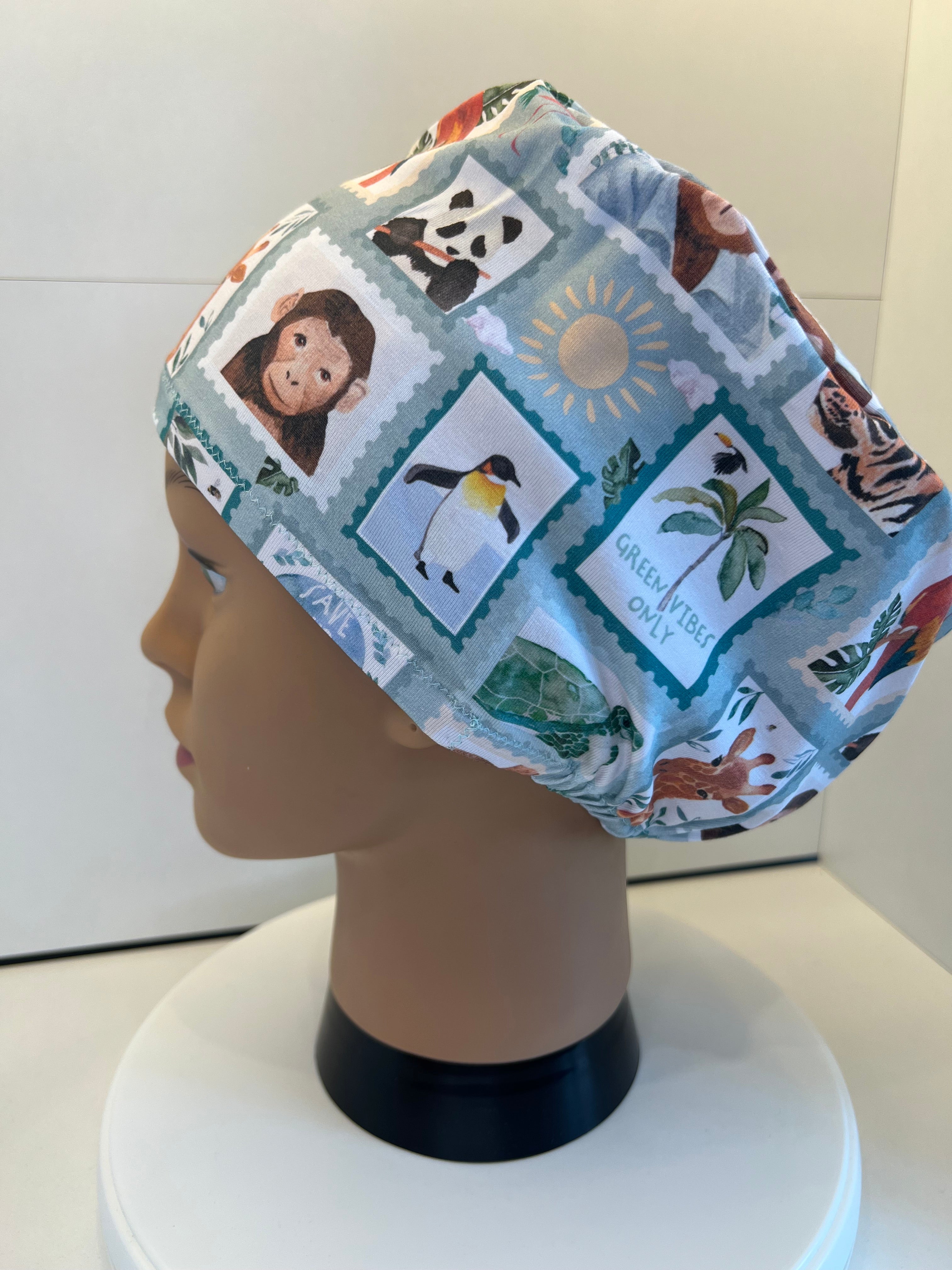 Attenbear Wildlife Stamps Premium Cotton Jersey Super Soft Surgical/Theatre Scrub Hat/Cap. UK Handmade