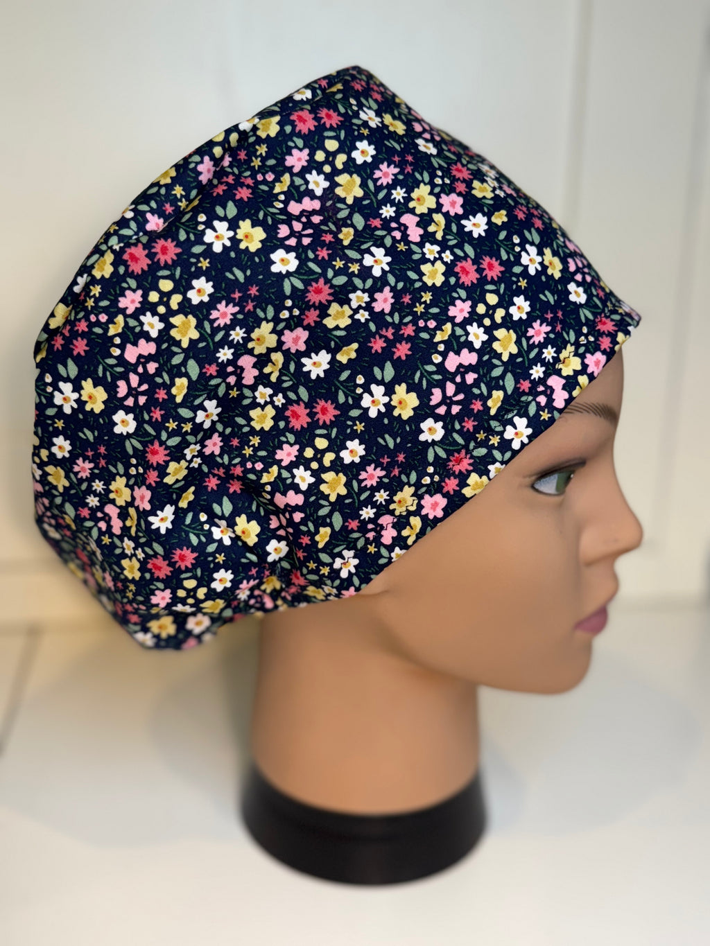 Navy flower garden theatre scrub hat/cap - 100% cotton, Optional Satin lining