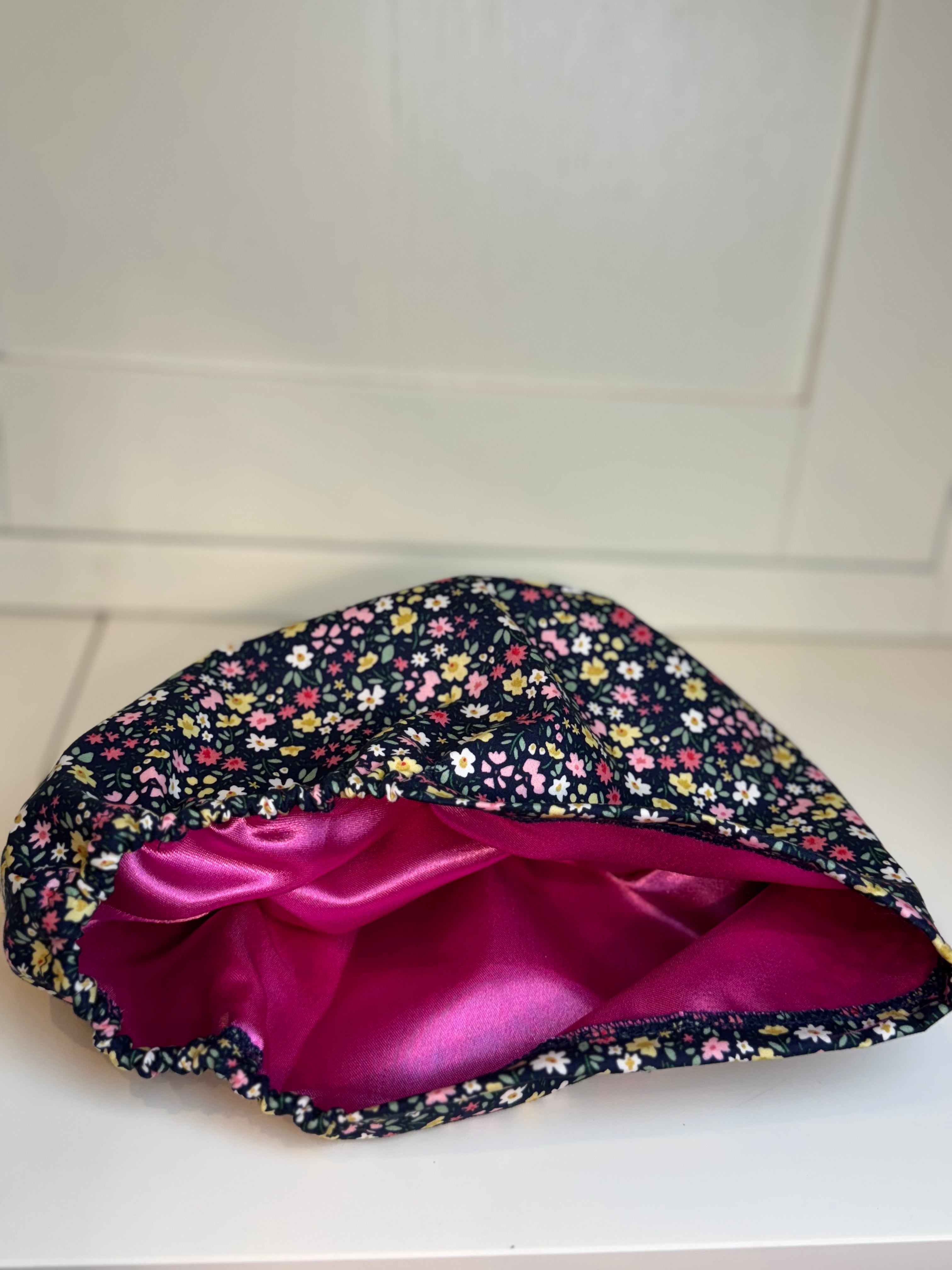 Navy flower garden theatre scrub hat/cap - 100% cotton, Optional Satin lining