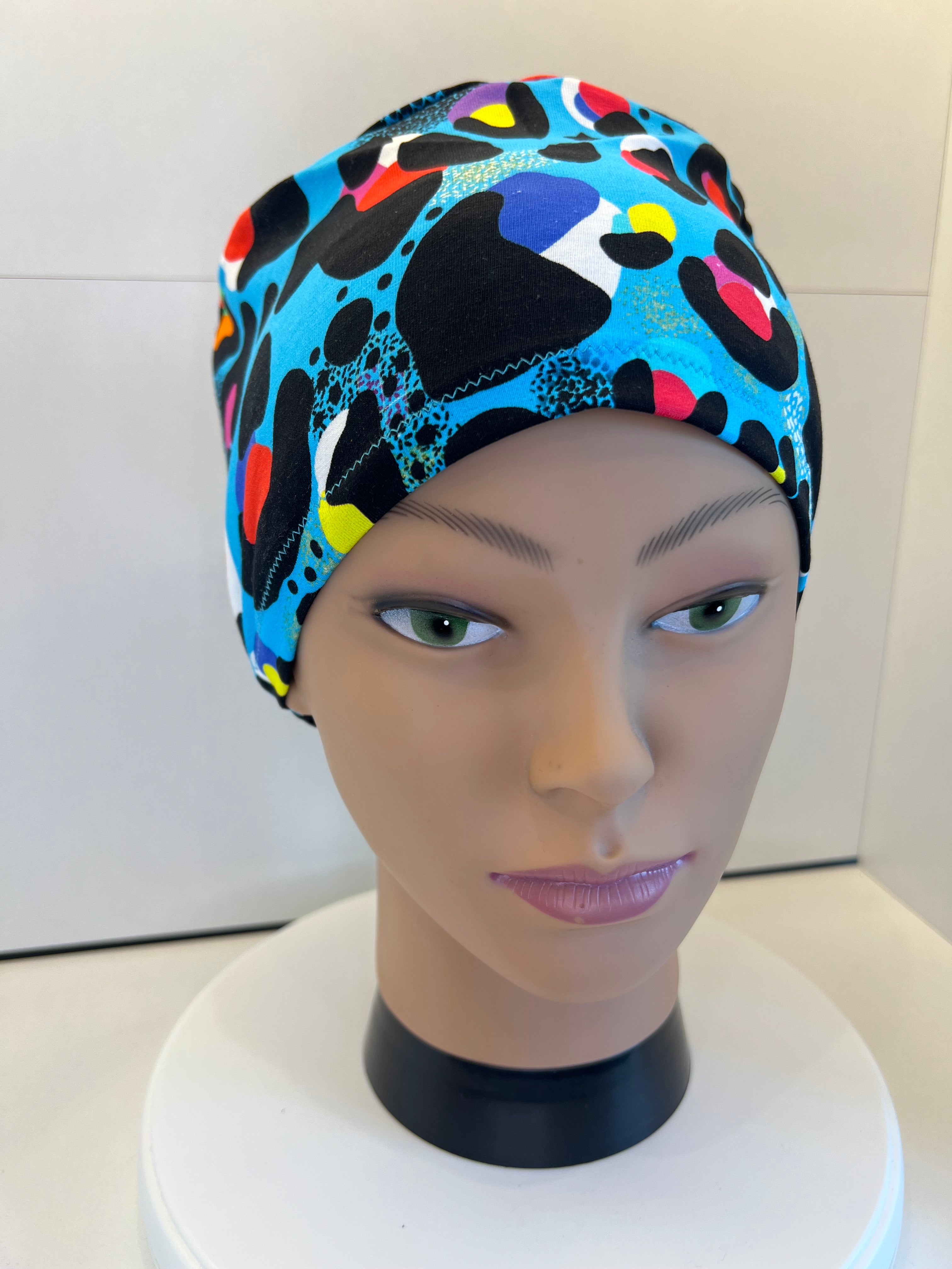 Turquoise Leopard Print Soft Jersey Fabric theatre scrub cap / hat.  Ethically made. Standard and Large size