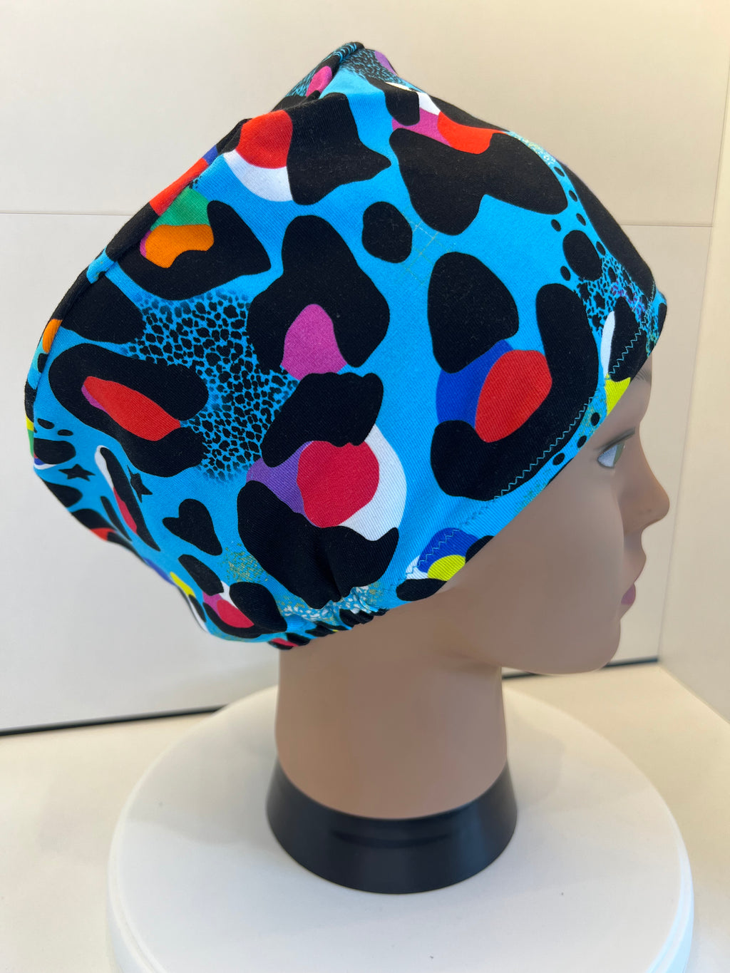 Turquoise Leopard Print Soft Jersey Fabric theatre scrub cap / hat.  Ethically made. Standard and Large size