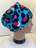Turquoise Leopard Print Jersey Fabric Theatre Scrub Cap / Hat.  UK Handmade