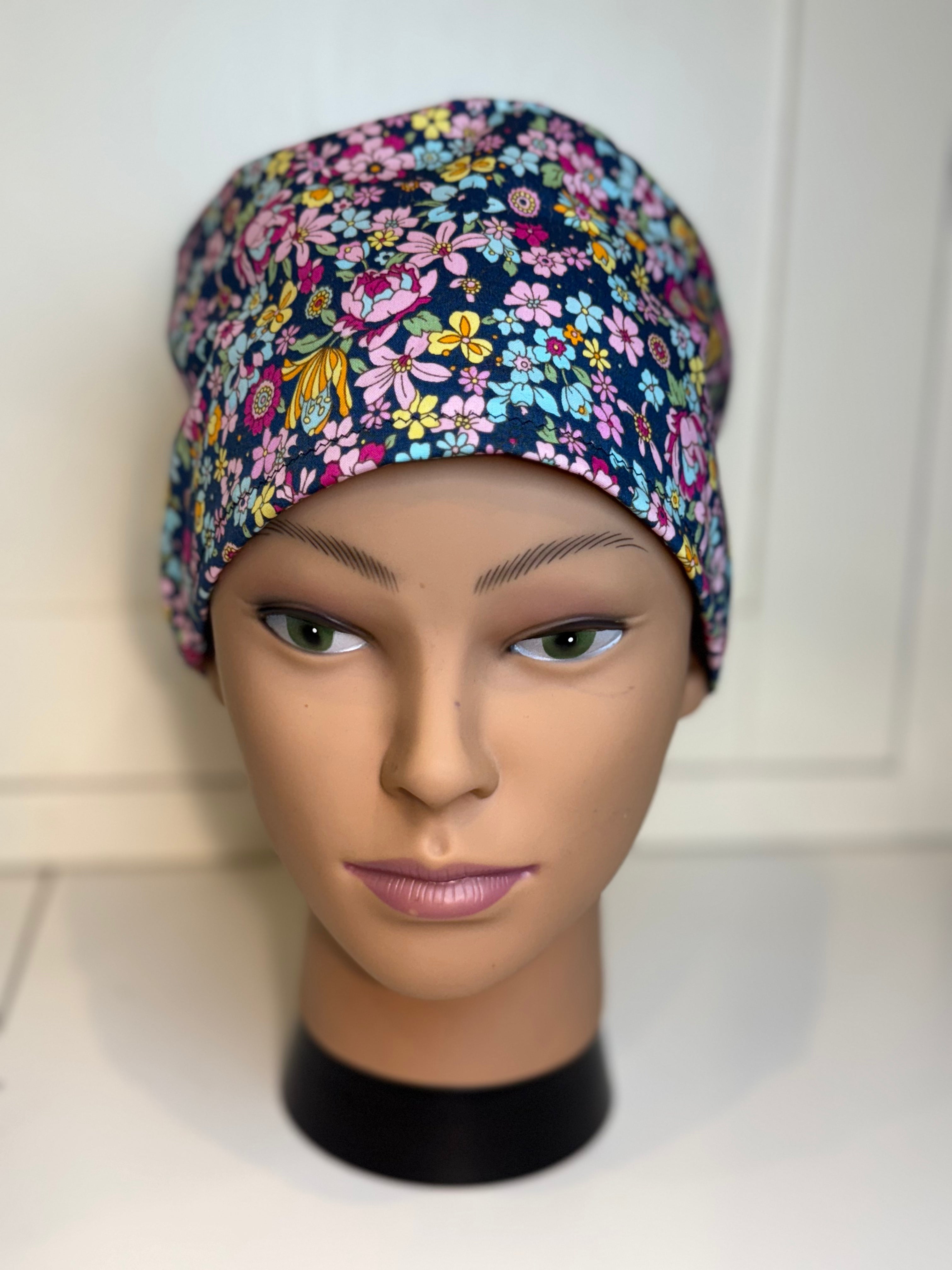 Navy peonies theatre scrub hat/cap - 100% cotton, Optional Satin lining