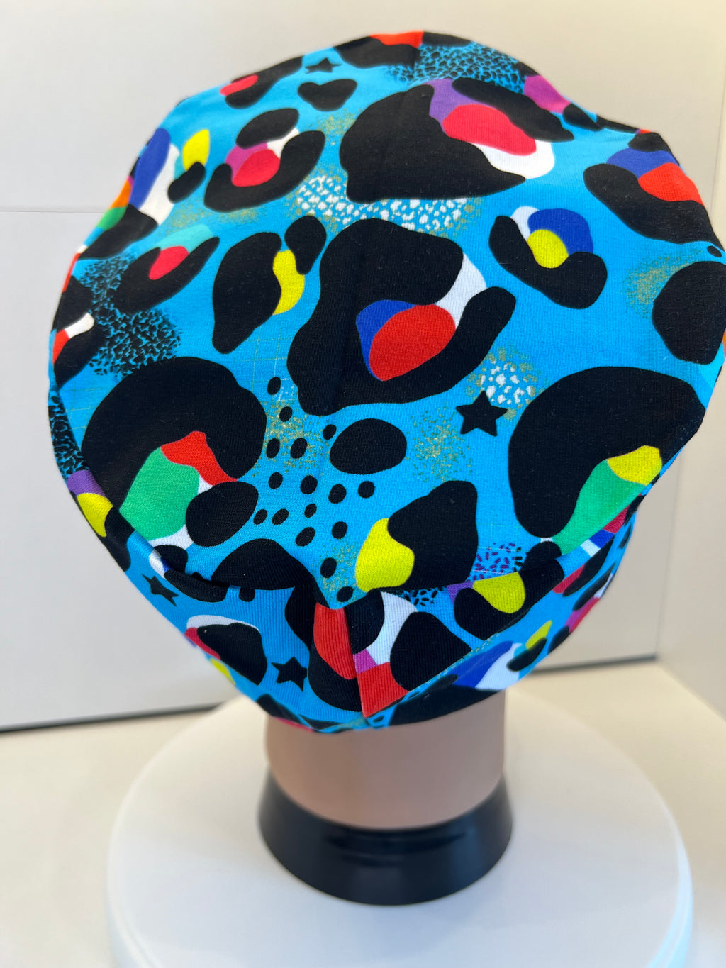 Turquoise Leopard Print Soft Jersey Fabric theatre scrub cap / hat.  Ethically made. Standard and Large size