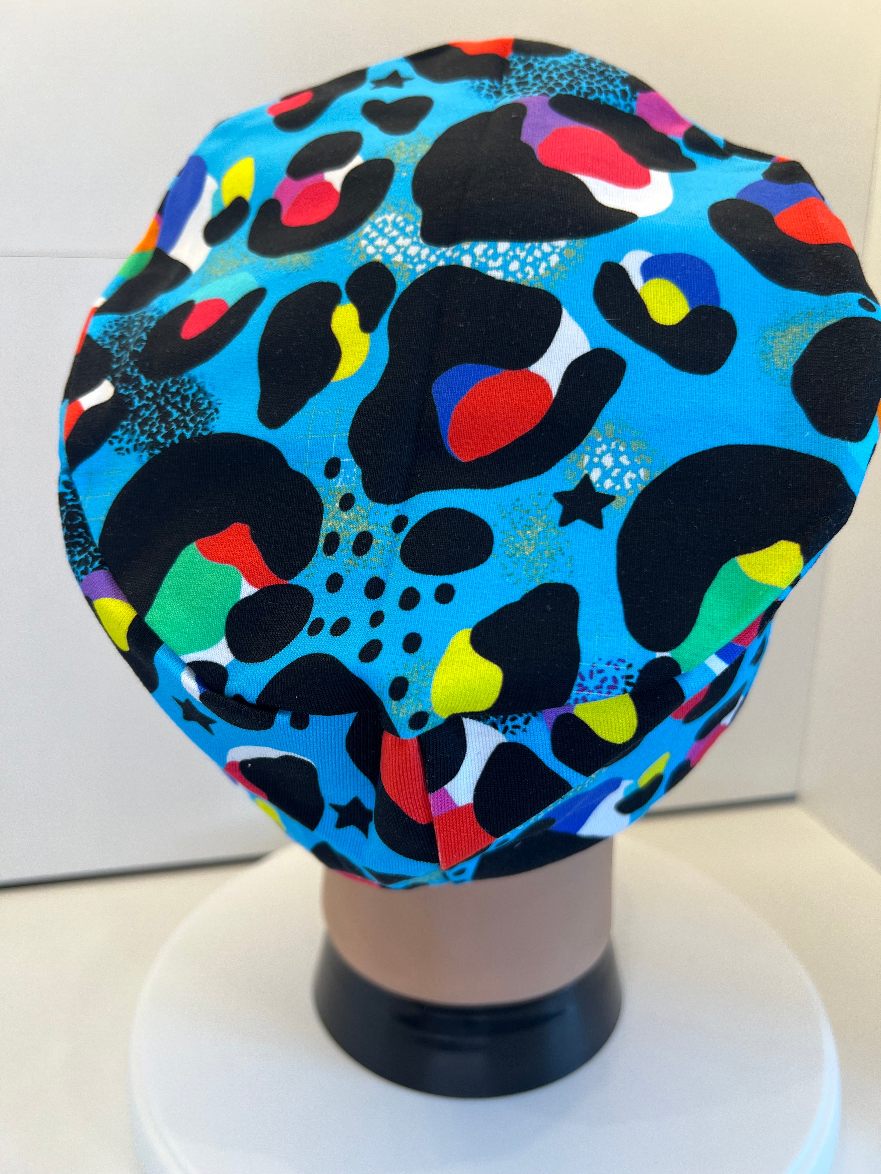 Turquoise Leopard Print Soft Jersey Fabric theatre scrub cap / hat.  Ethically made. Standard and Large size