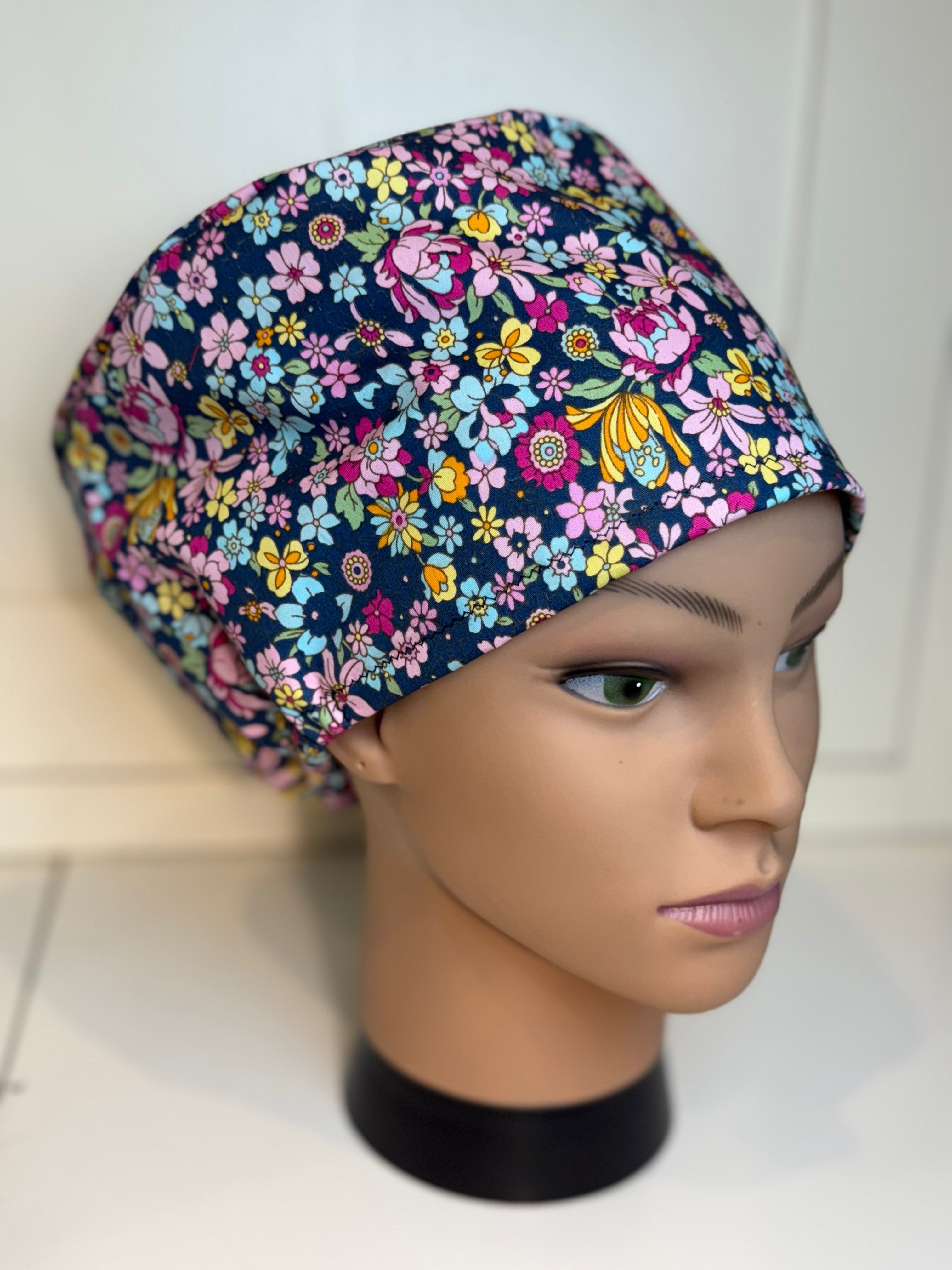 Navy peonies theatre scrub hat/cap - 100% cotton, Optional Satin lining