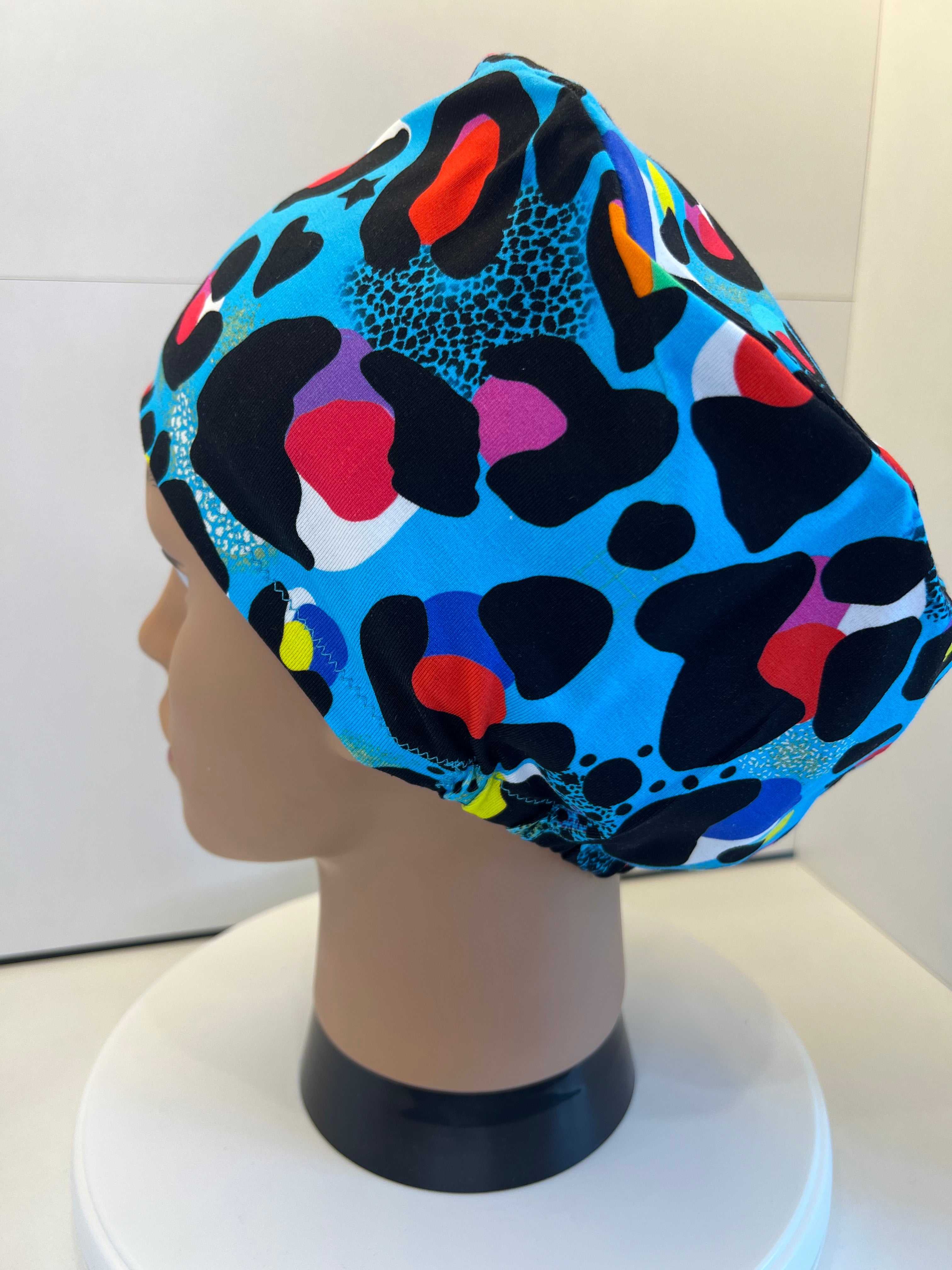 Turquoise Leopard Print Soft Jersey Fabric theatre scrub cap / hat.  Ethically made. Standard and Large size