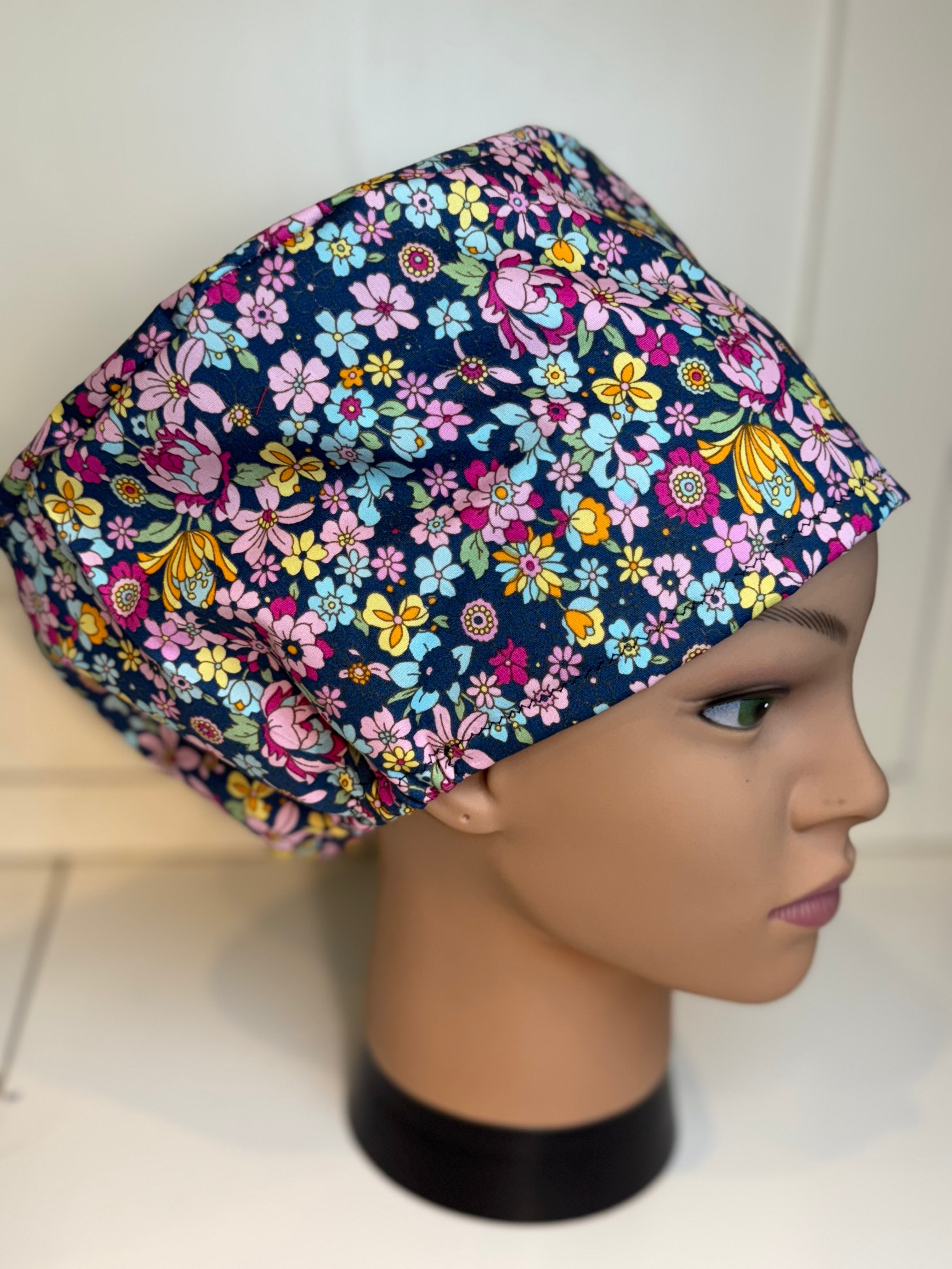 Navy peonies theatre scrub hat/cap - 100% cotton, Optional Satin lining