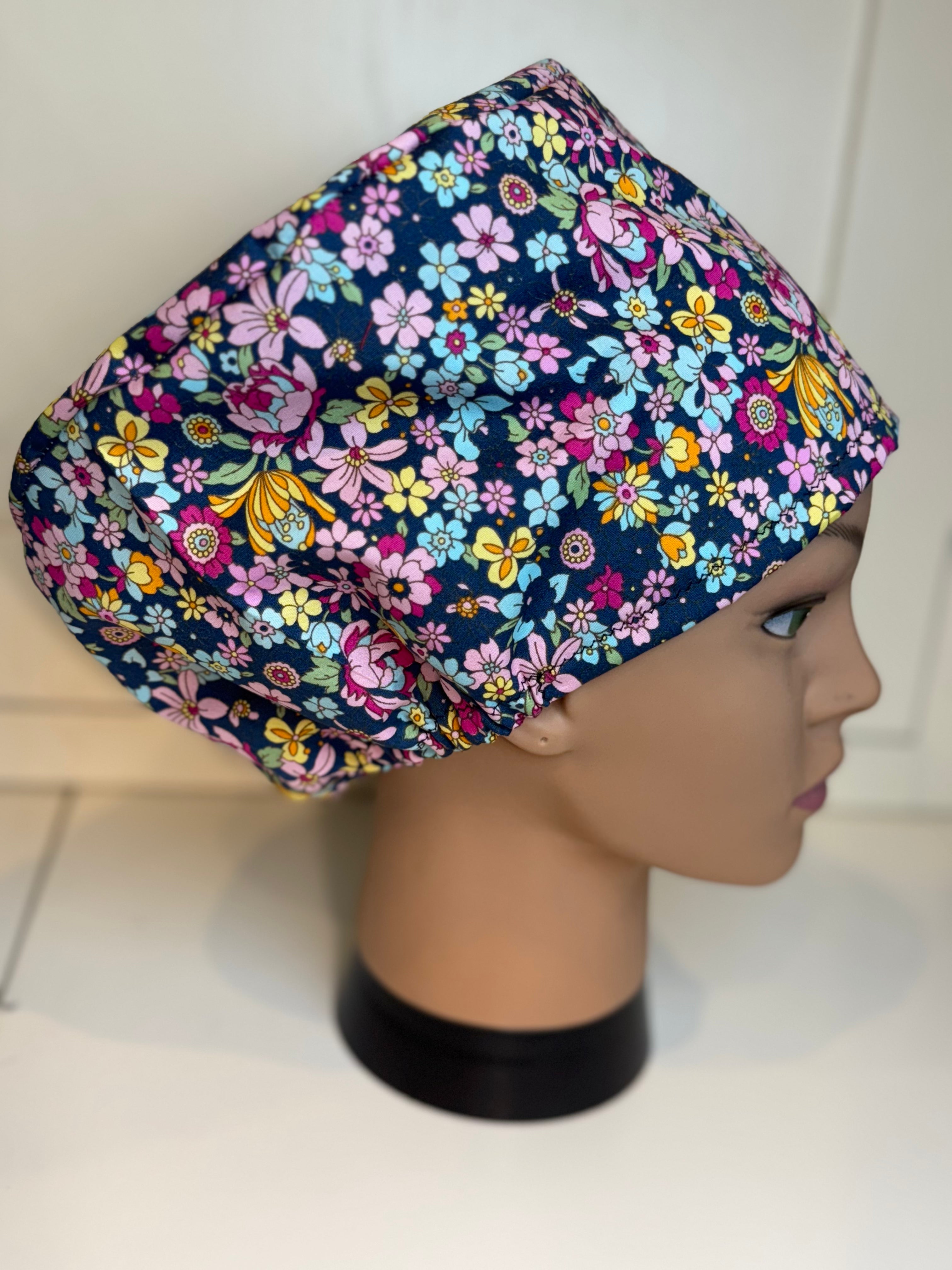 Navy peonies theatre scrub hat/cap - 100% cotton, Optional Satin lining