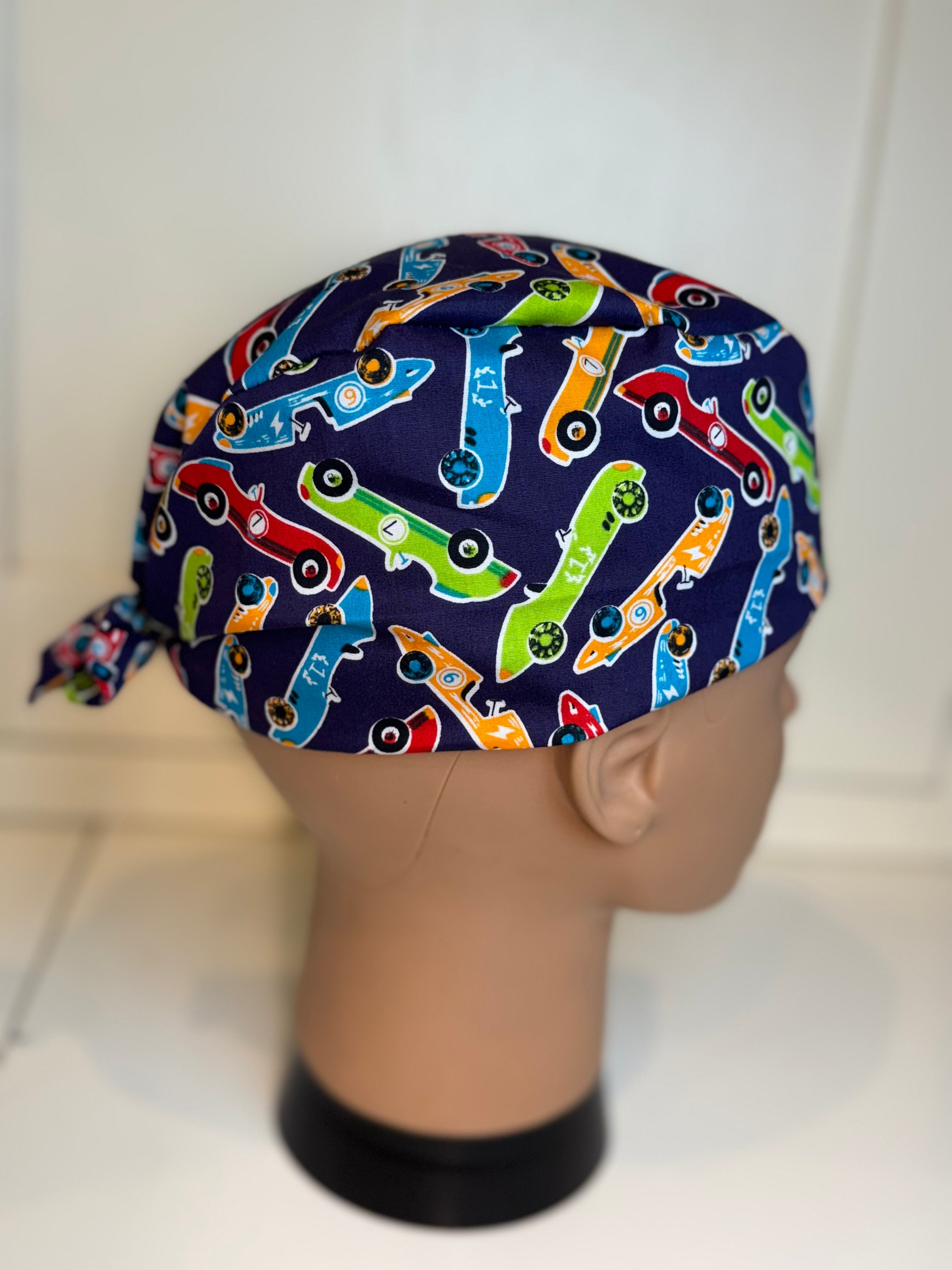 Navy Racing Cars Cotton Fabric tie-back theatre scrub cap / hat