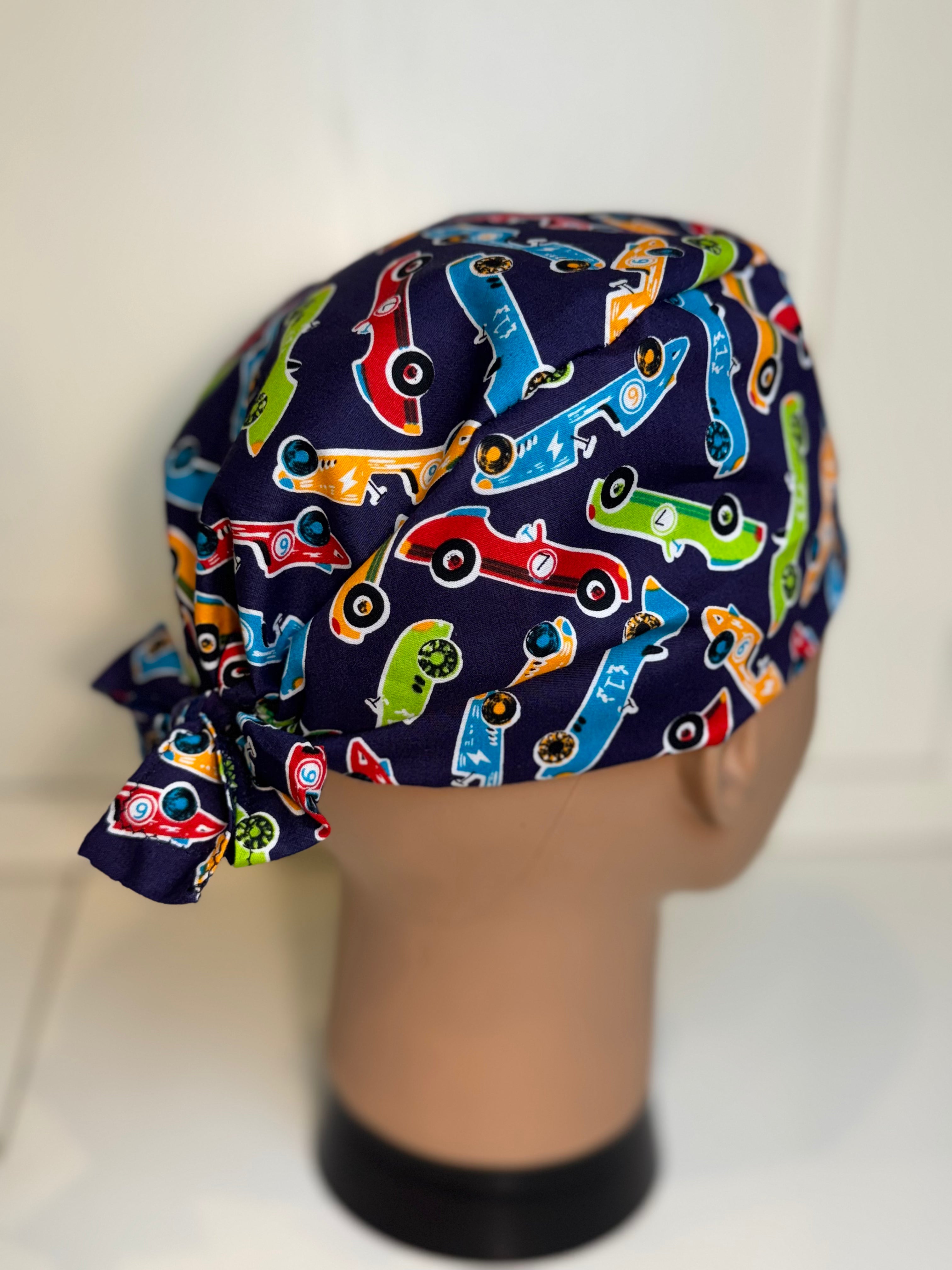 Navy Racing Cars Cotton Fabric tie-back theatre scrub cap / hat
