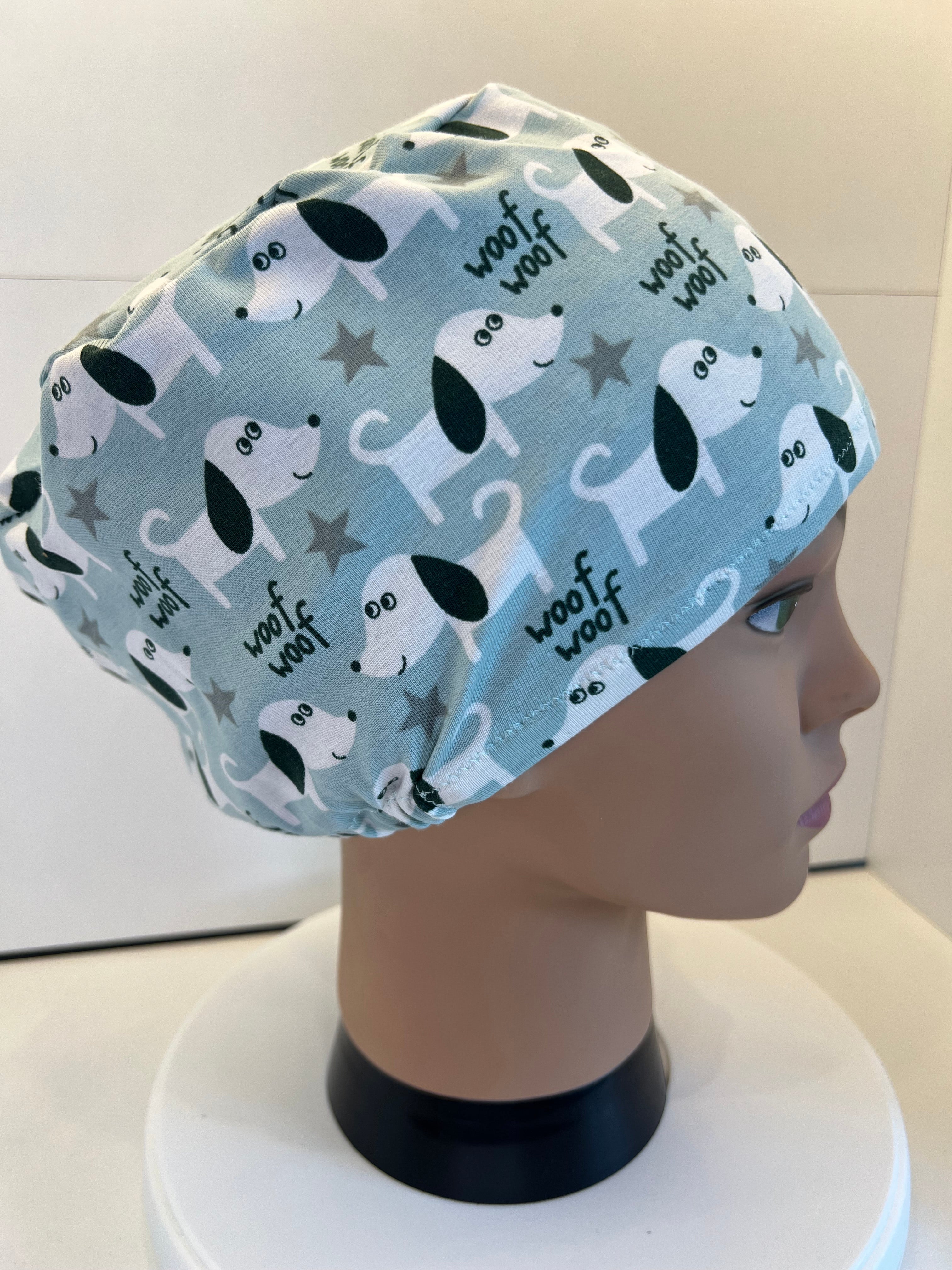 Woof Woof Pet Dog Premium Cotton Jersey Super Soft Surgical/Theatre Scrub Hat/Cap. UK Handmade