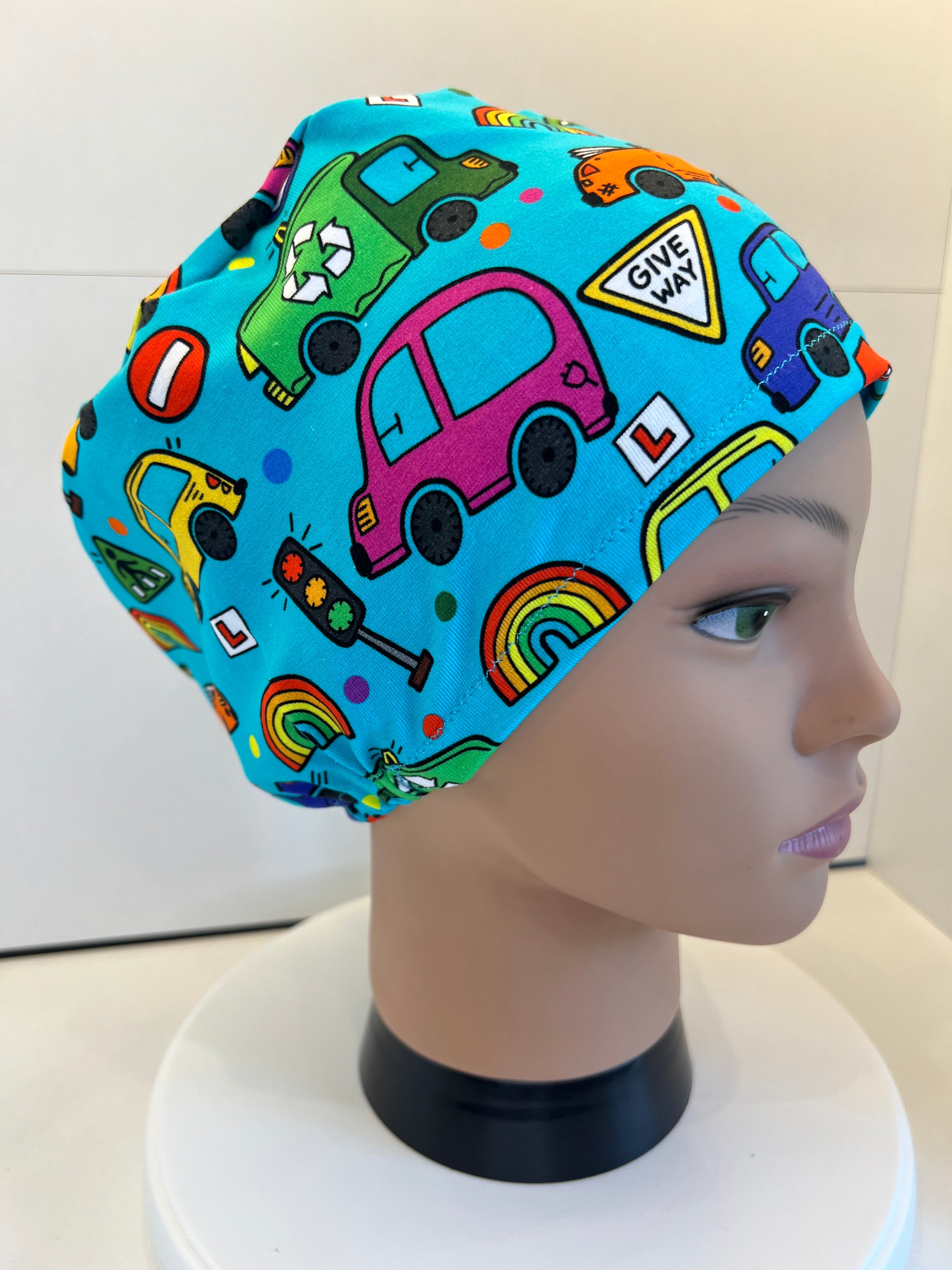 Little Learners, Cars and Vehicles Premium Soft Jersey Fabric Scrub Cap/Theatre Hat