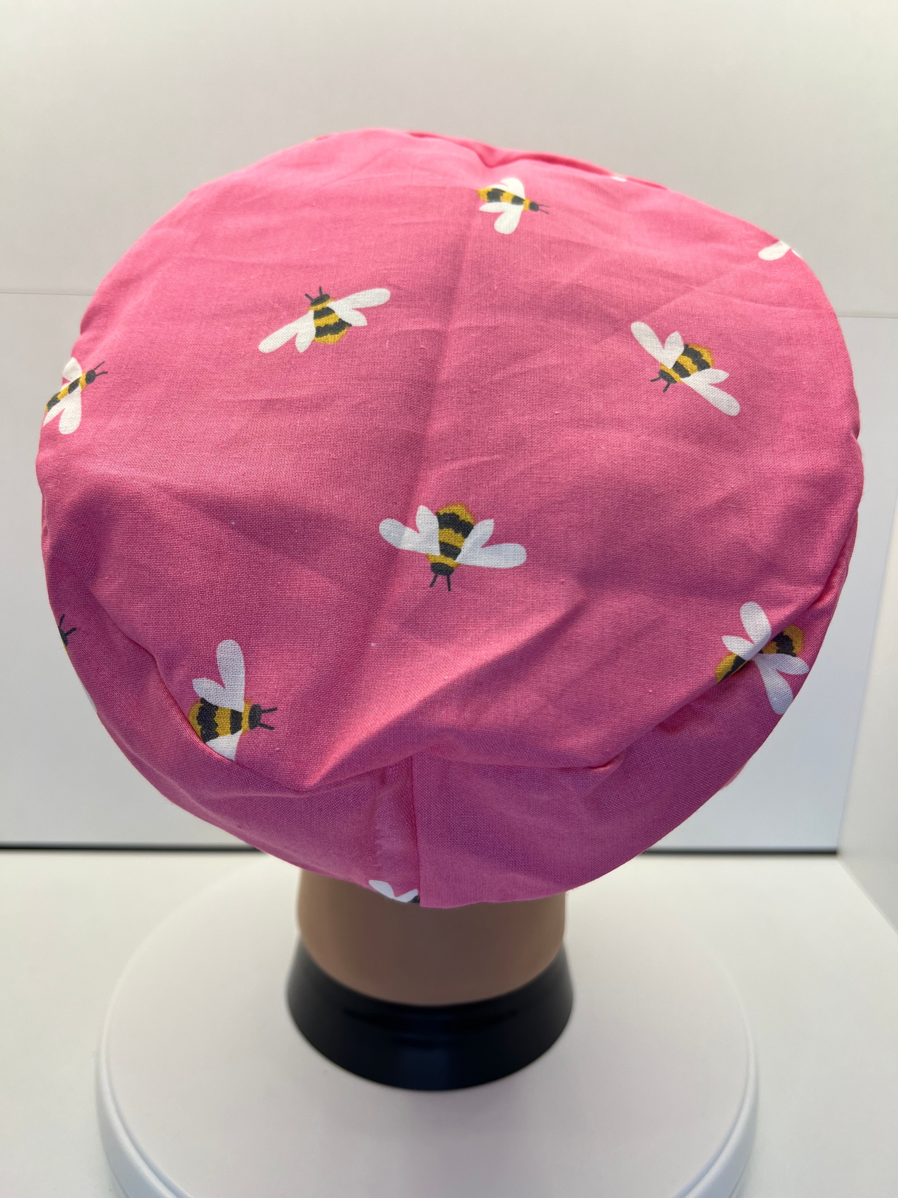 Pink Busy Bees 100% Cotton Optional Satin Lining Theatre Hat/Scrub Cap