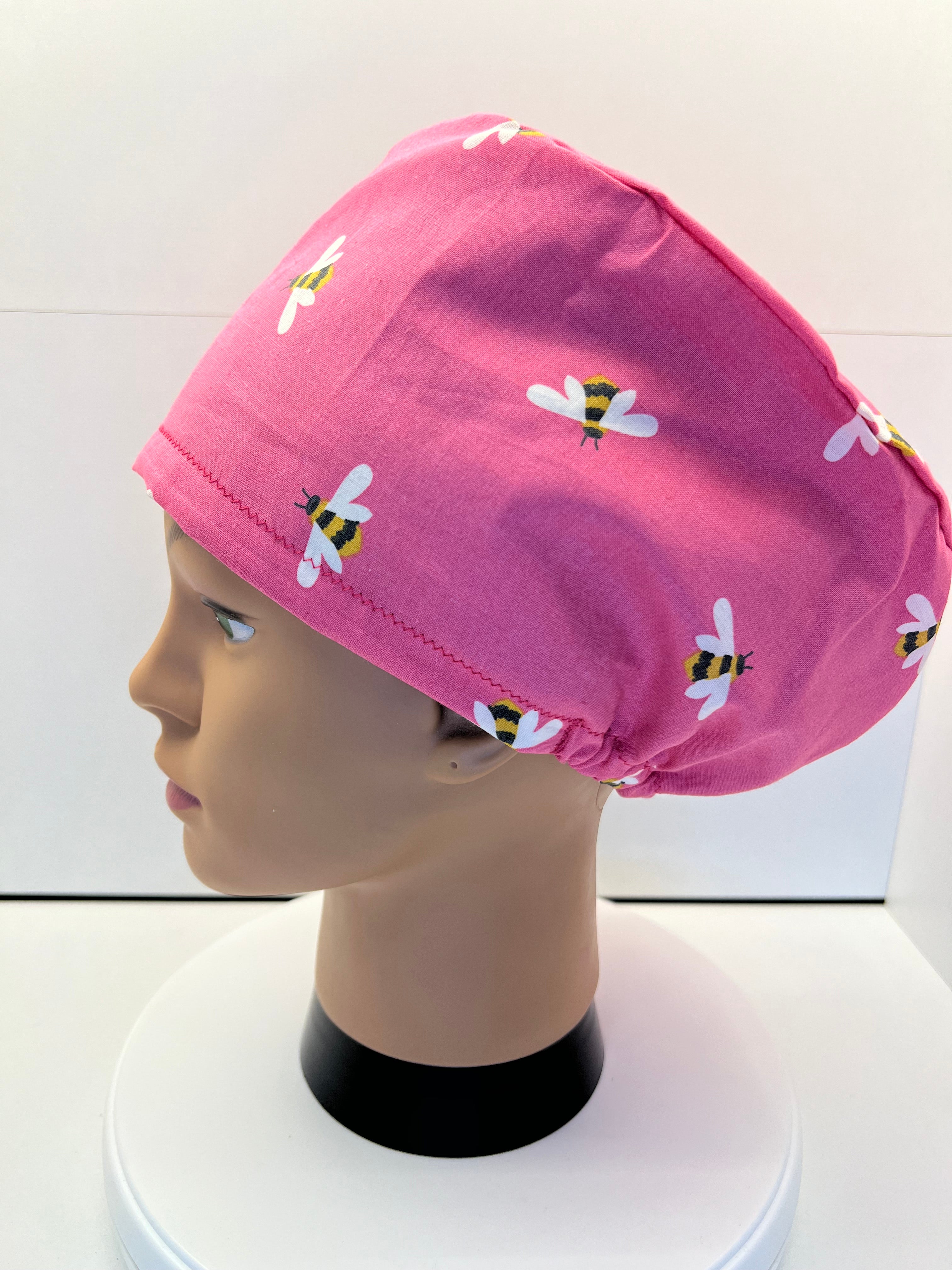 Pink Busy Bees 100% Cotton Optional Satin Lining Theatre Hat/Scrub Cap