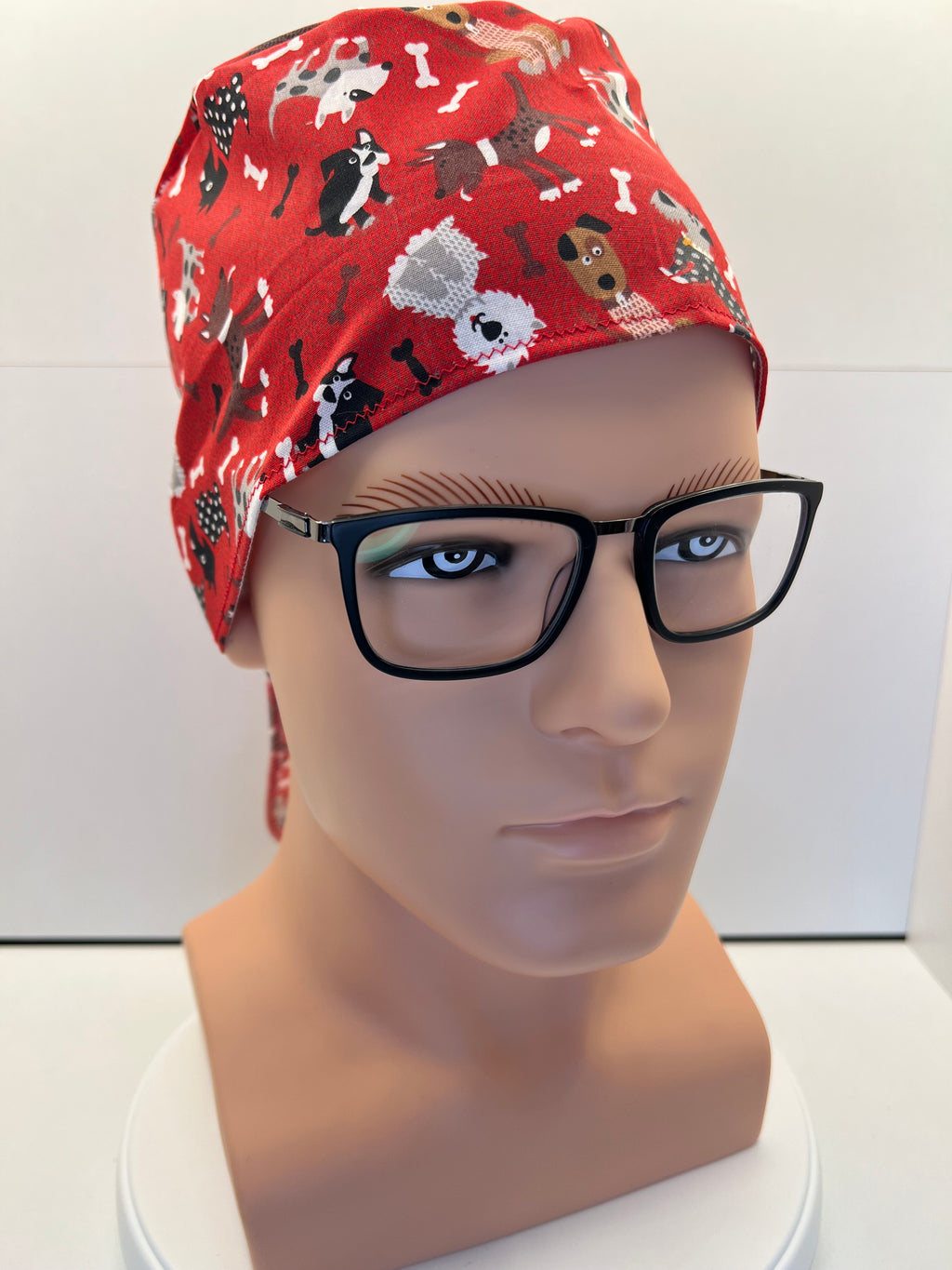 Red Dogs Cotton Fabric tie-back theatre scrub cap / hat