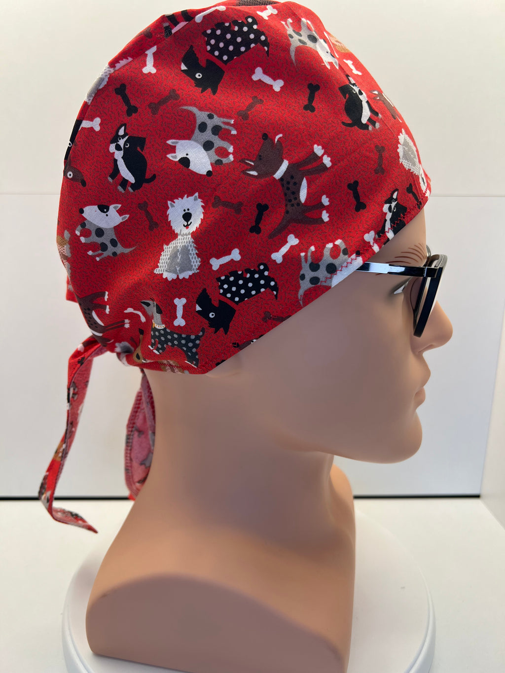 Red Dogs Cotton Fabric tie-back theatre scrub cap / hat