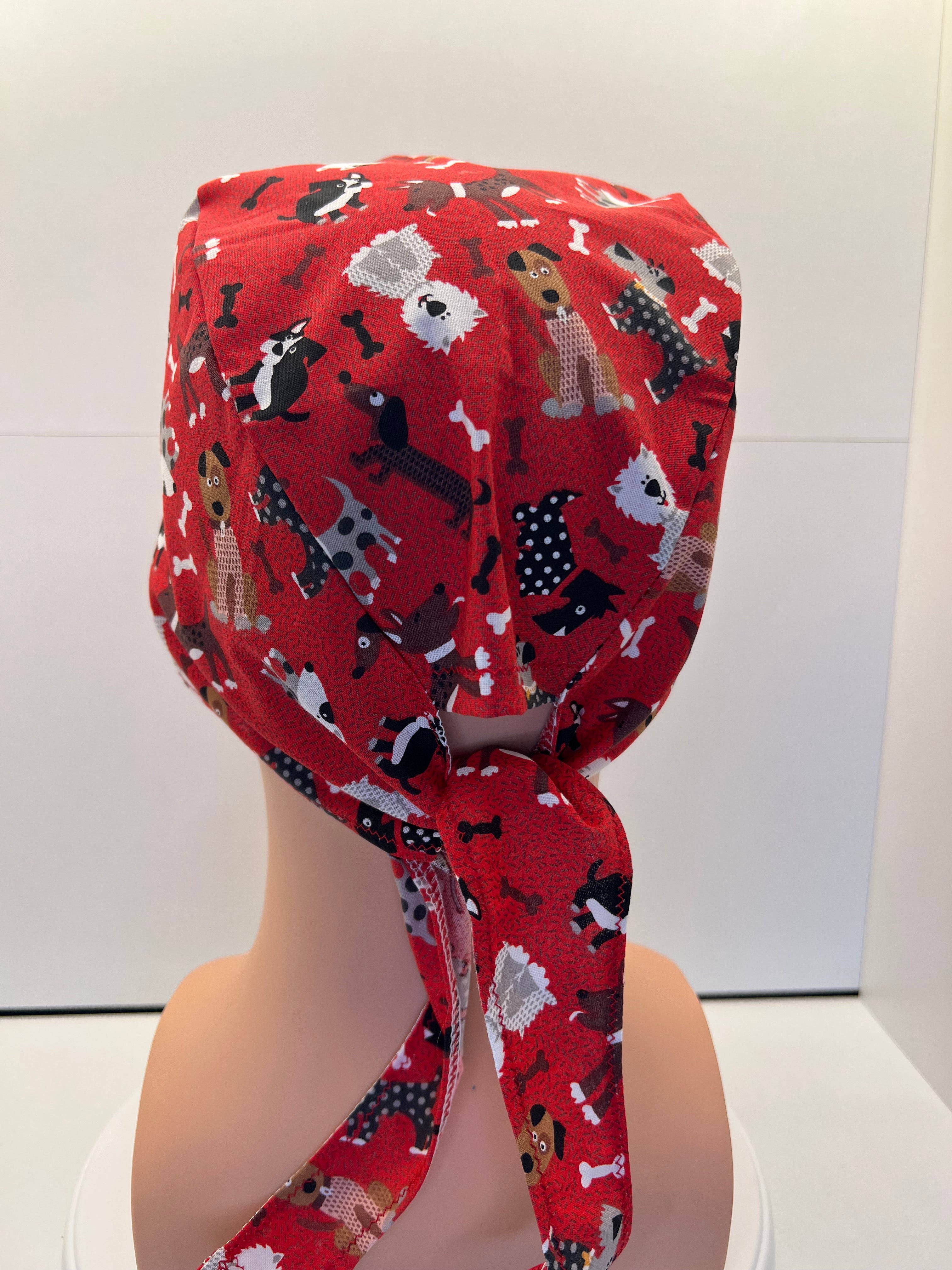 Red Dogs Cotton Fabric tie-back theatre scrub cap / hat
