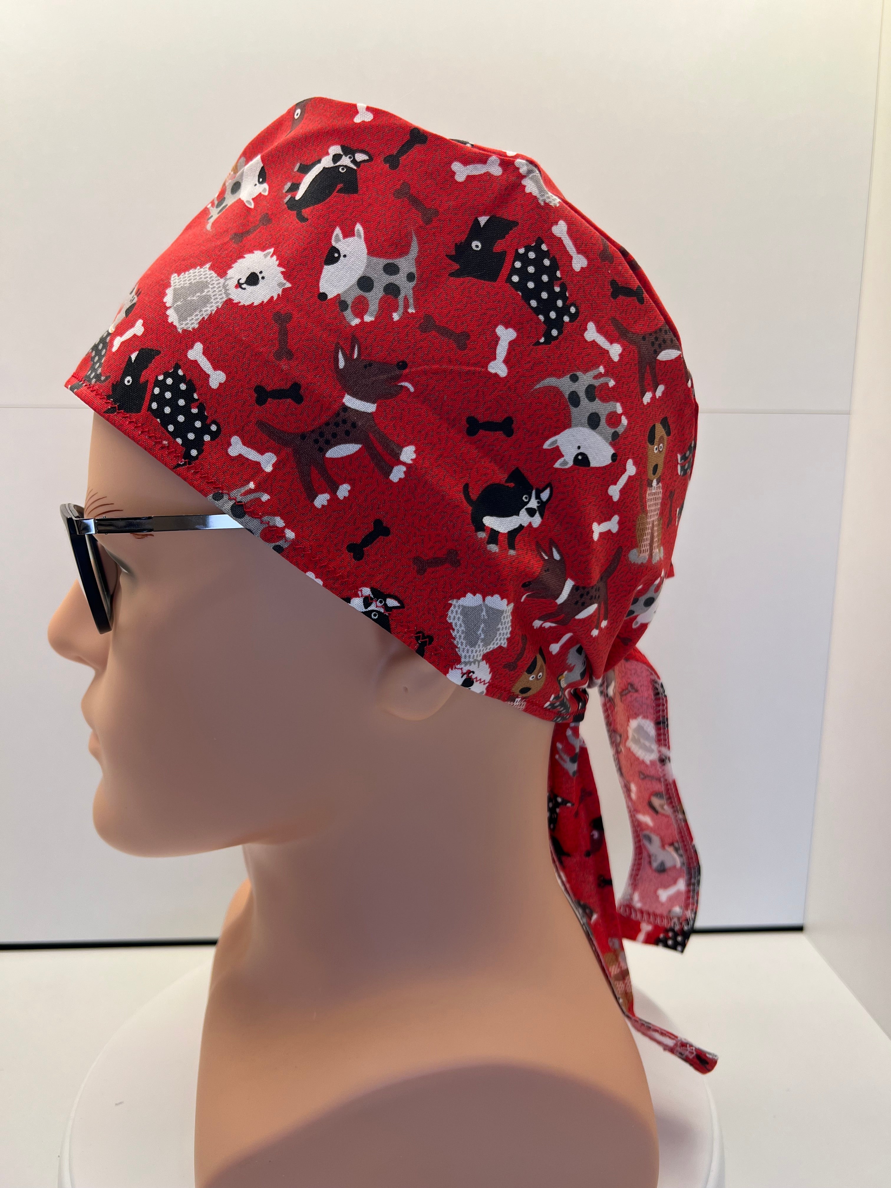 Red Dogs Cotton Fabric tie-back theatre scrub cap / hat