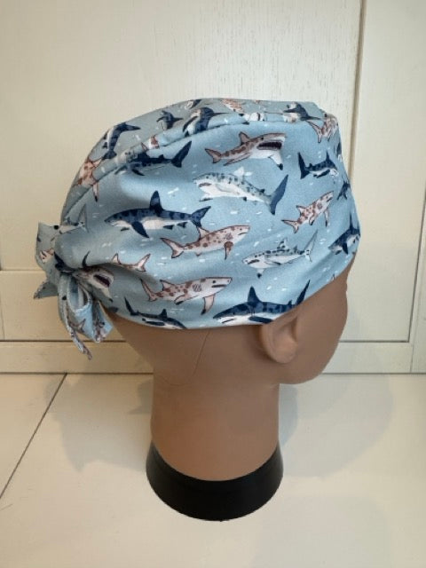 Shark Waters 100% Cotton Tie-Back Surgical/Theatre Scrub Hat/Cap. UK Handmade