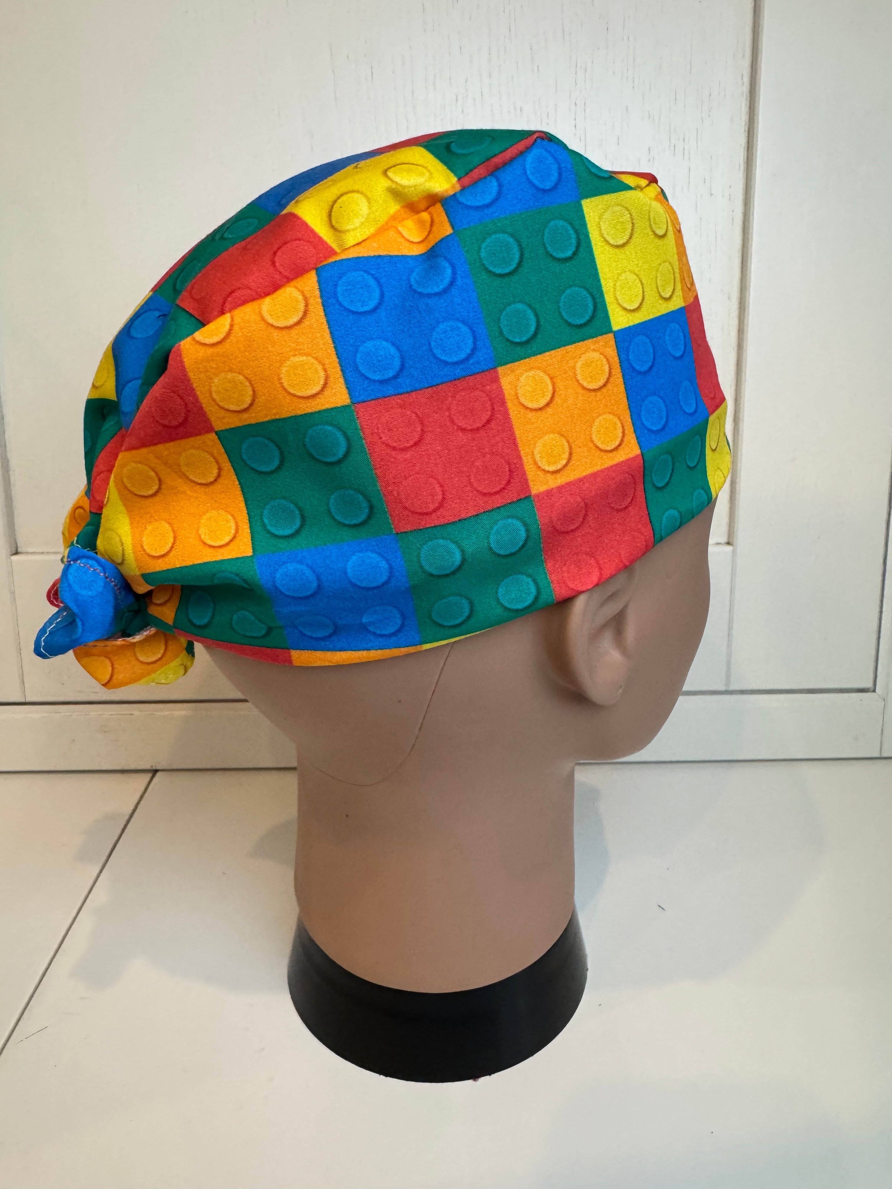 Bright Bricks 100% Cotton Tie-Back Surgical/Theatre Scrub Hat/Cap. UK Handmade