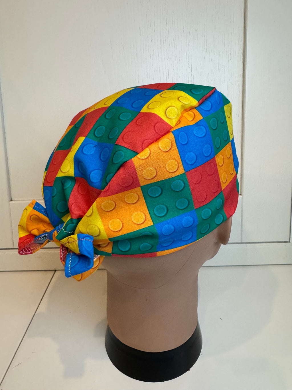 Bright Bricks 100% Cotton Tie-Back Surgical/Theatre Scrub Hat/Cap. UK Handmade