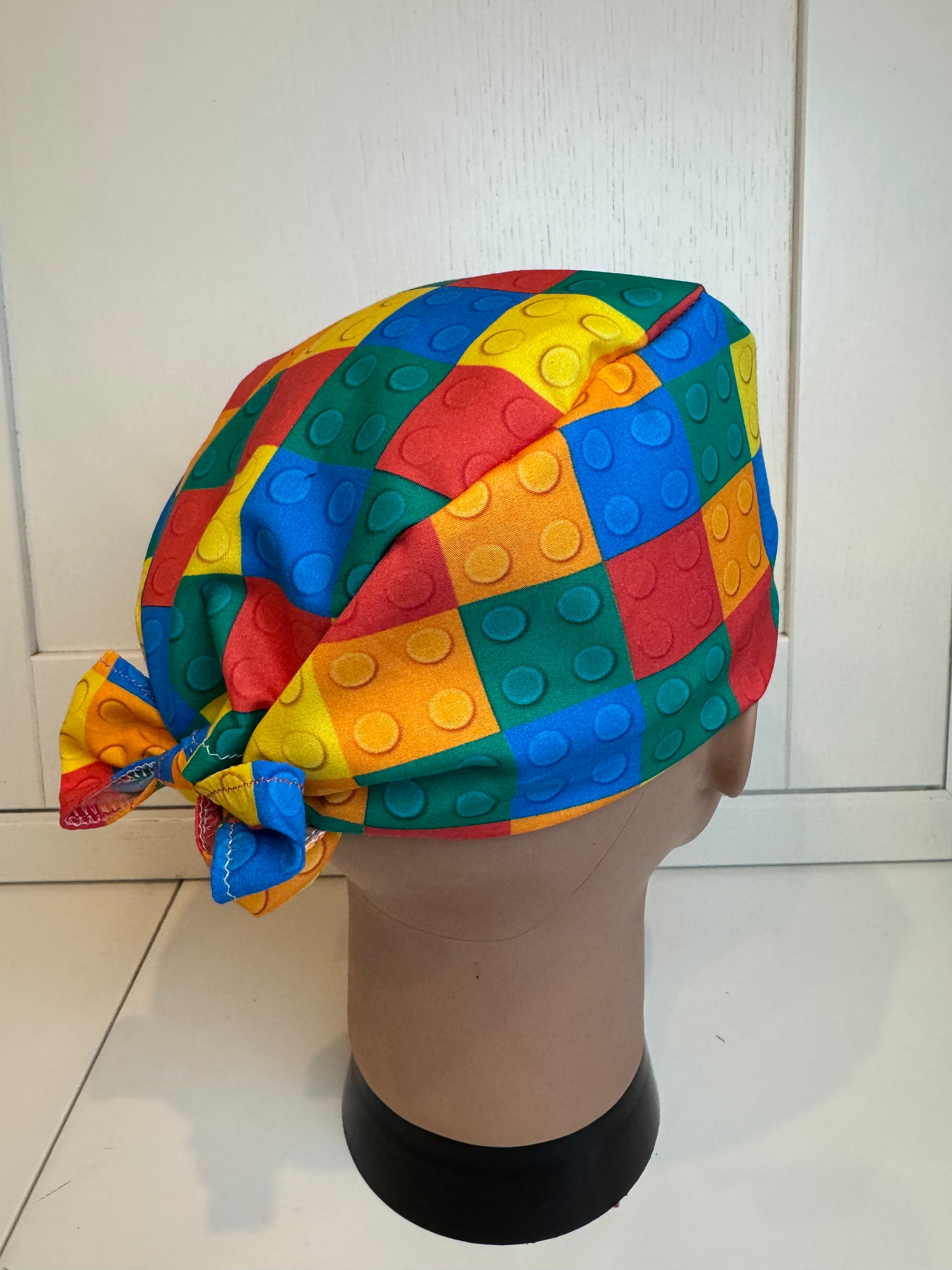Bright Bricks 100% Cotton Tie-Back Surgical/Theatre Scrub Hat/Cap. UK Handmade